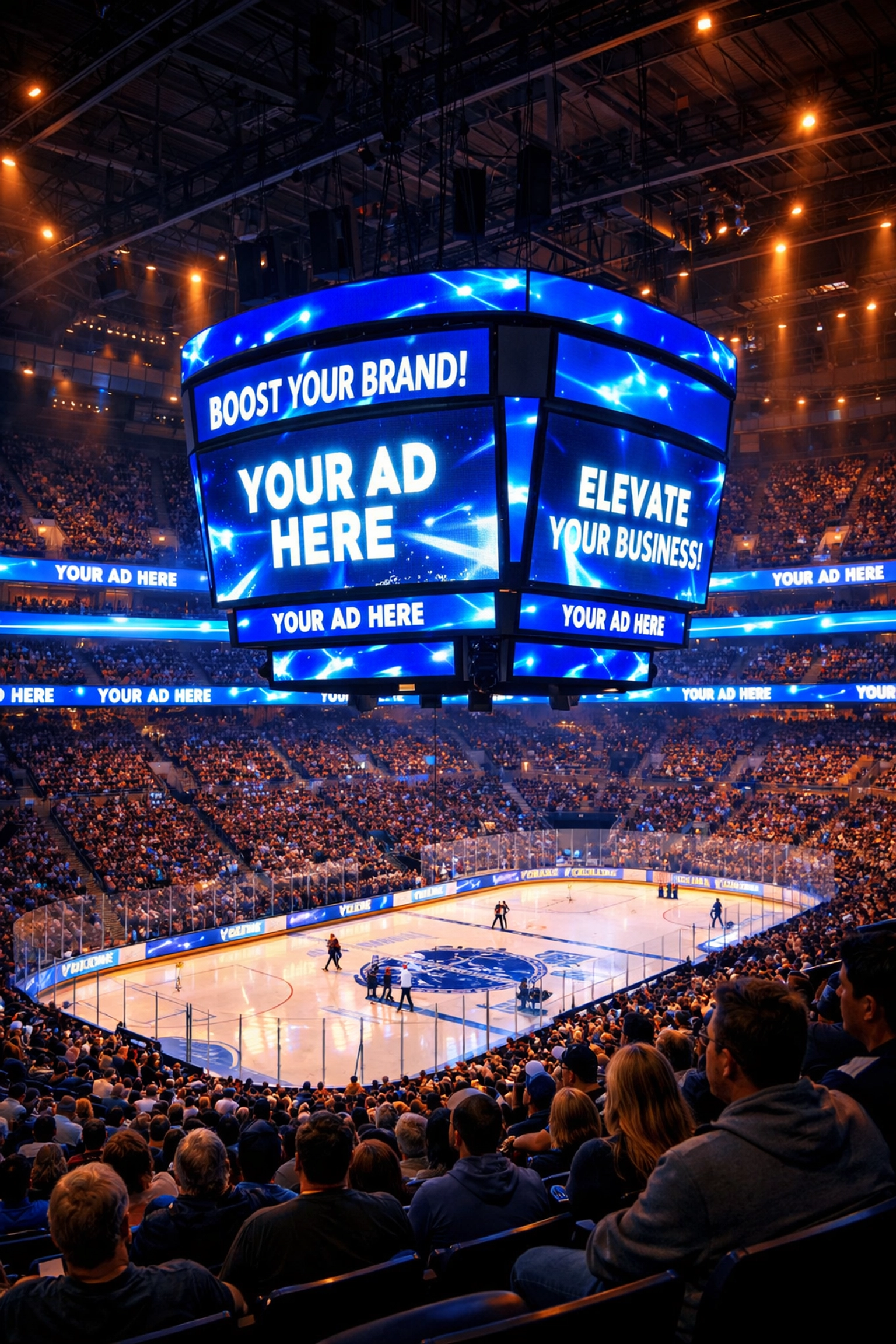 Sports arena with LED jumbotron screens and digital advertising displays during live game