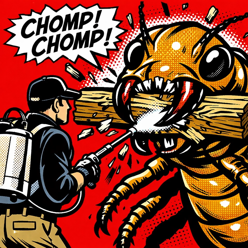 Pest control technician treating a giant termite attacking a wooden house beam in Walker County.