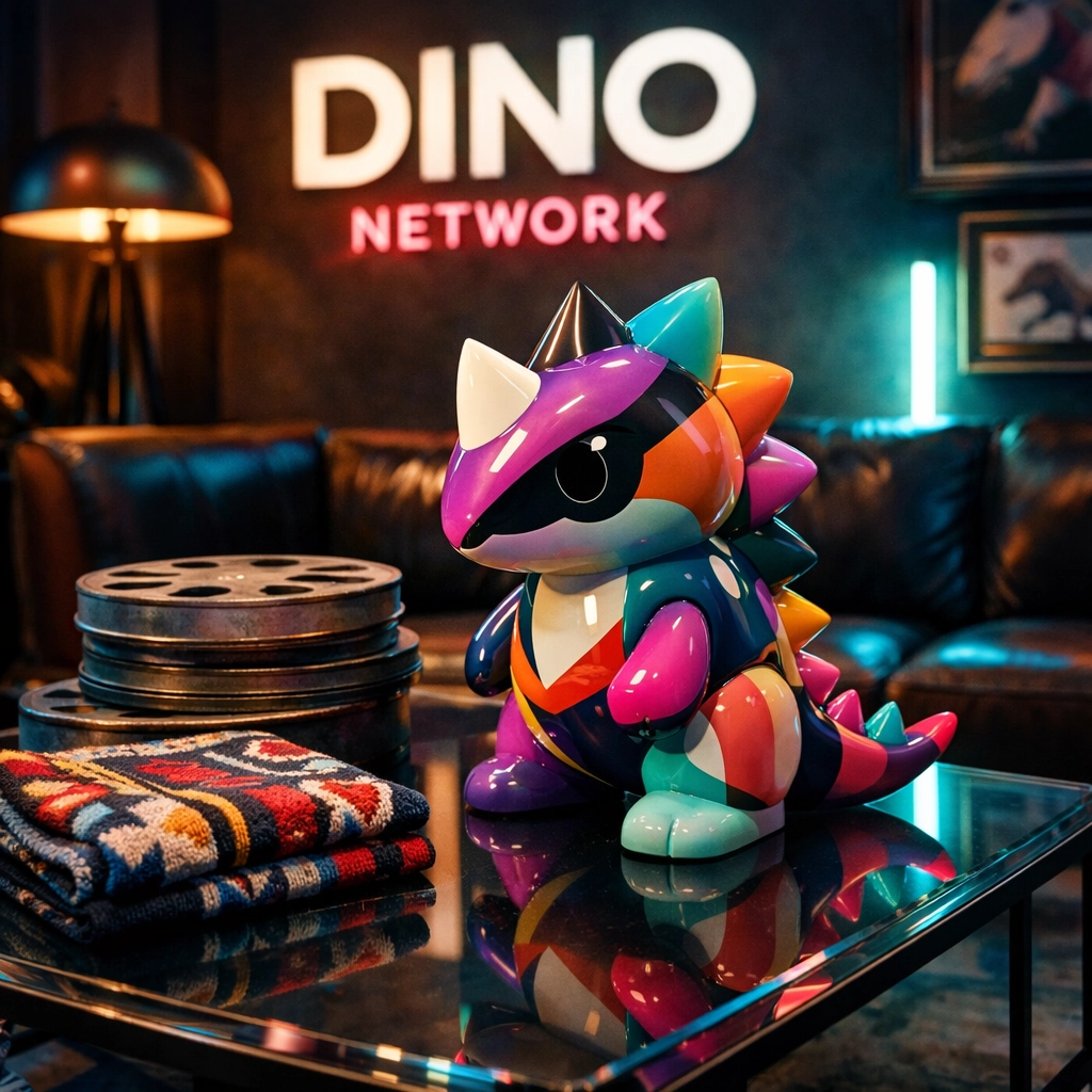 Eclectic lounge corner with a designer dinosaur figurine and movie reels for a Dino Network movie night.