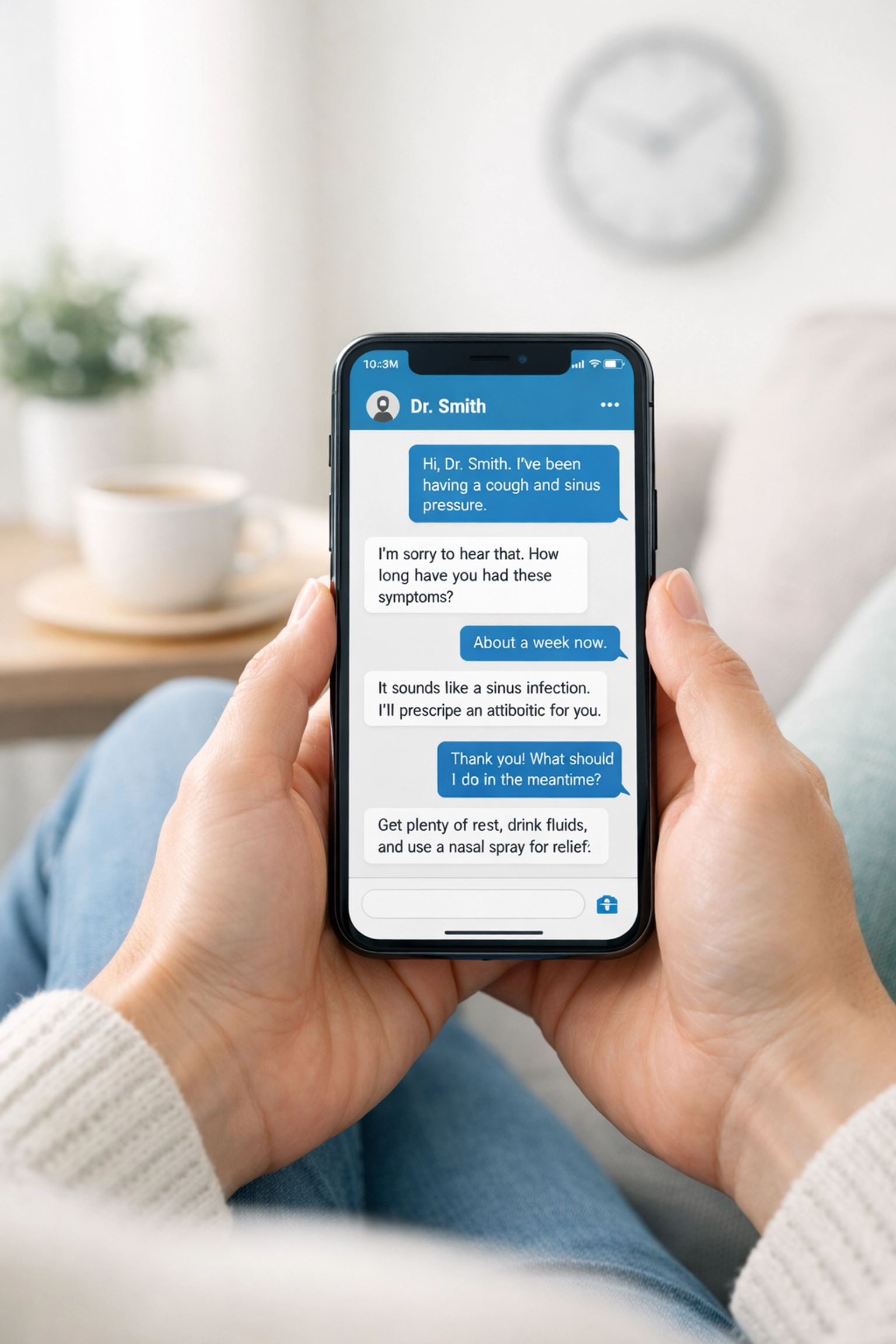 Patient using secure text chat with a doctor for fast online urgent care and sinus infection treatment.