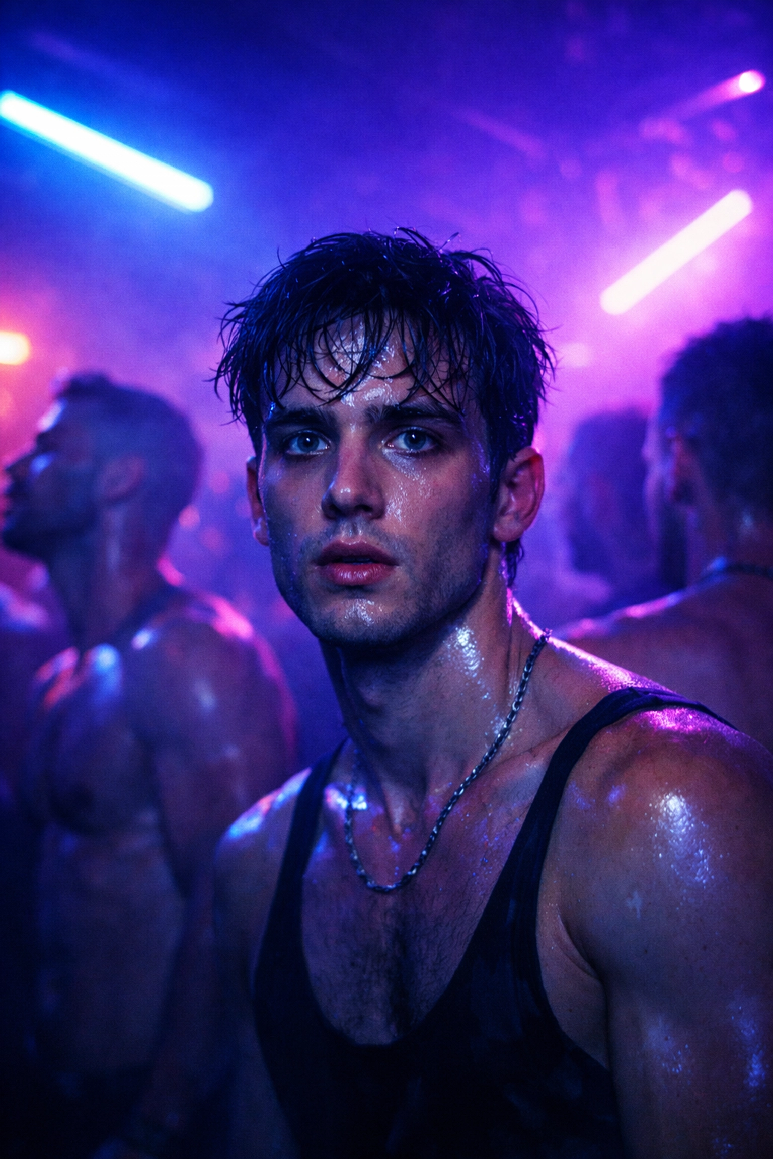 Young gay man under neon lights in a club, showing the exhaustion of the circuit party lifestyle.