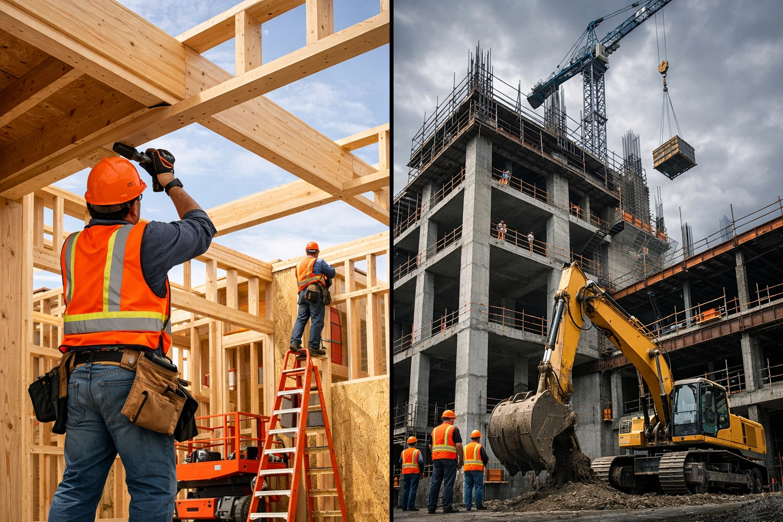 Side-by-side comparison of wood-frame and steel construction methods at building sites