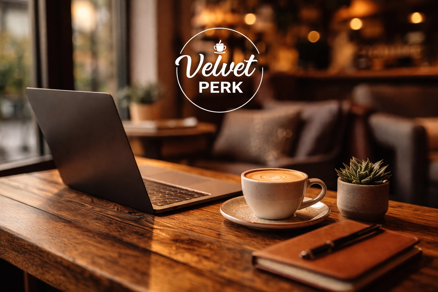 The Remote Worker's Guide to Coffee Shop Productivity Cozy coffee shop workspace with open laptop and latte, perfect for productive remote work at Velvet Perk.