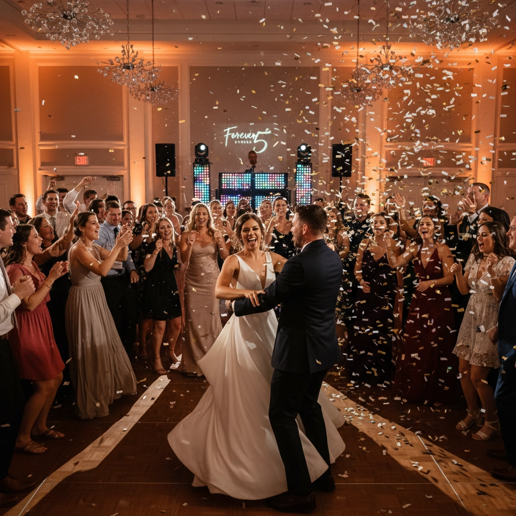 Bride and groom dance under falling confetti, surrounded by cheering guests in elegant attire. Warm lighting, sign says "Forever." Joyful mood.