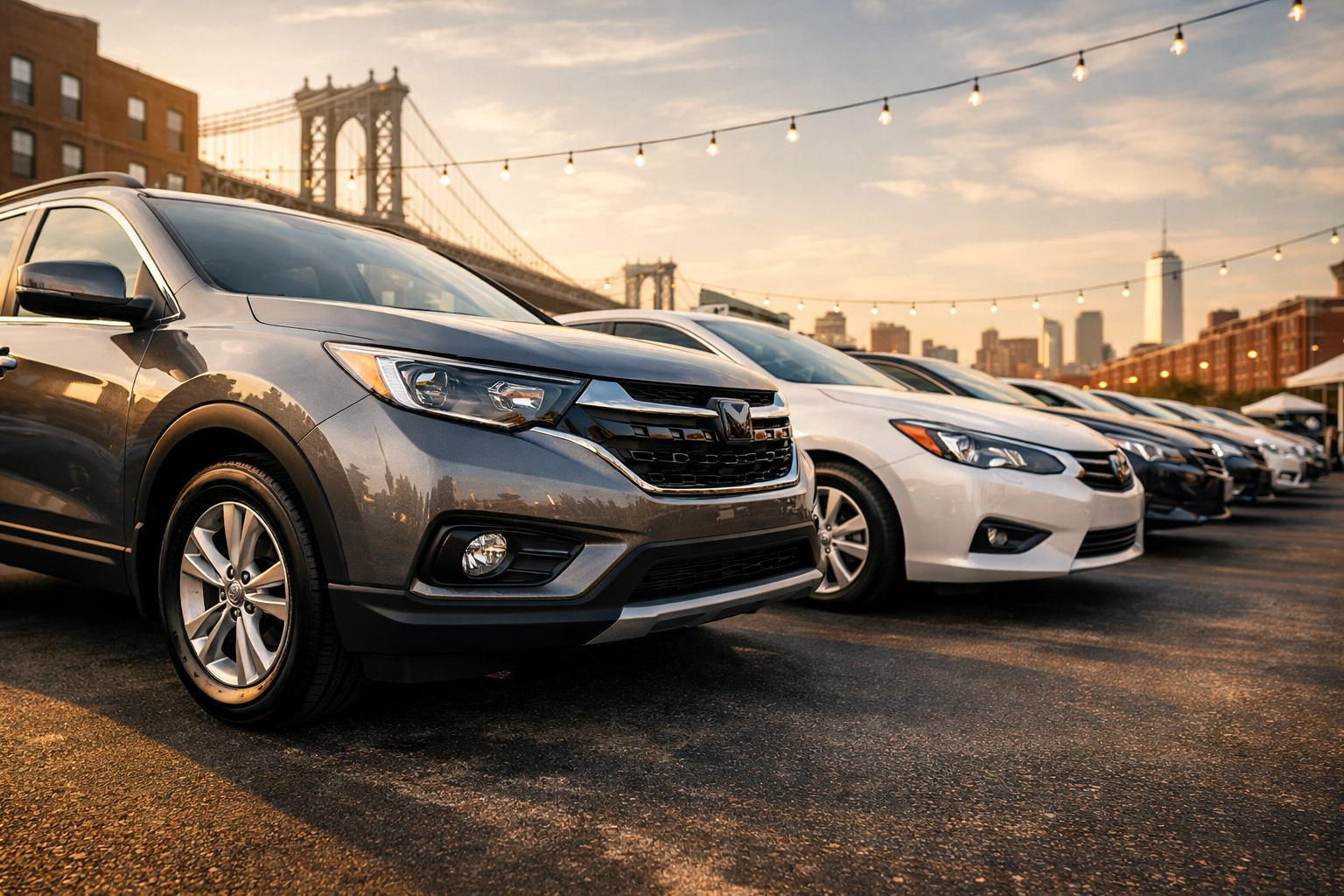 Quality pre-owned used cars for sale on a clean, professional lot in Brooklyn at sunset.