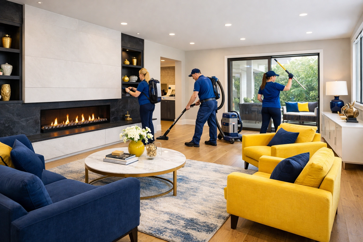 Expert team performing post-construction cleaning in a newly renovated Marlborough home living room.