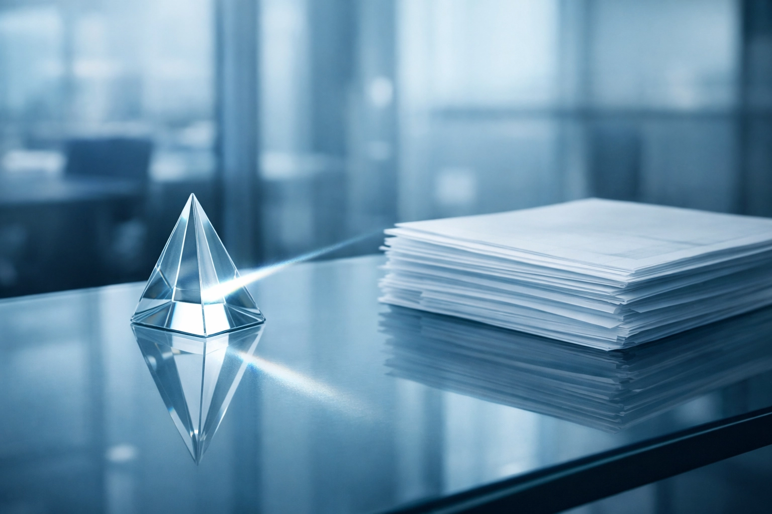 Clear glass prism on office desk symbolizing transparency during Alabama business due diligence.