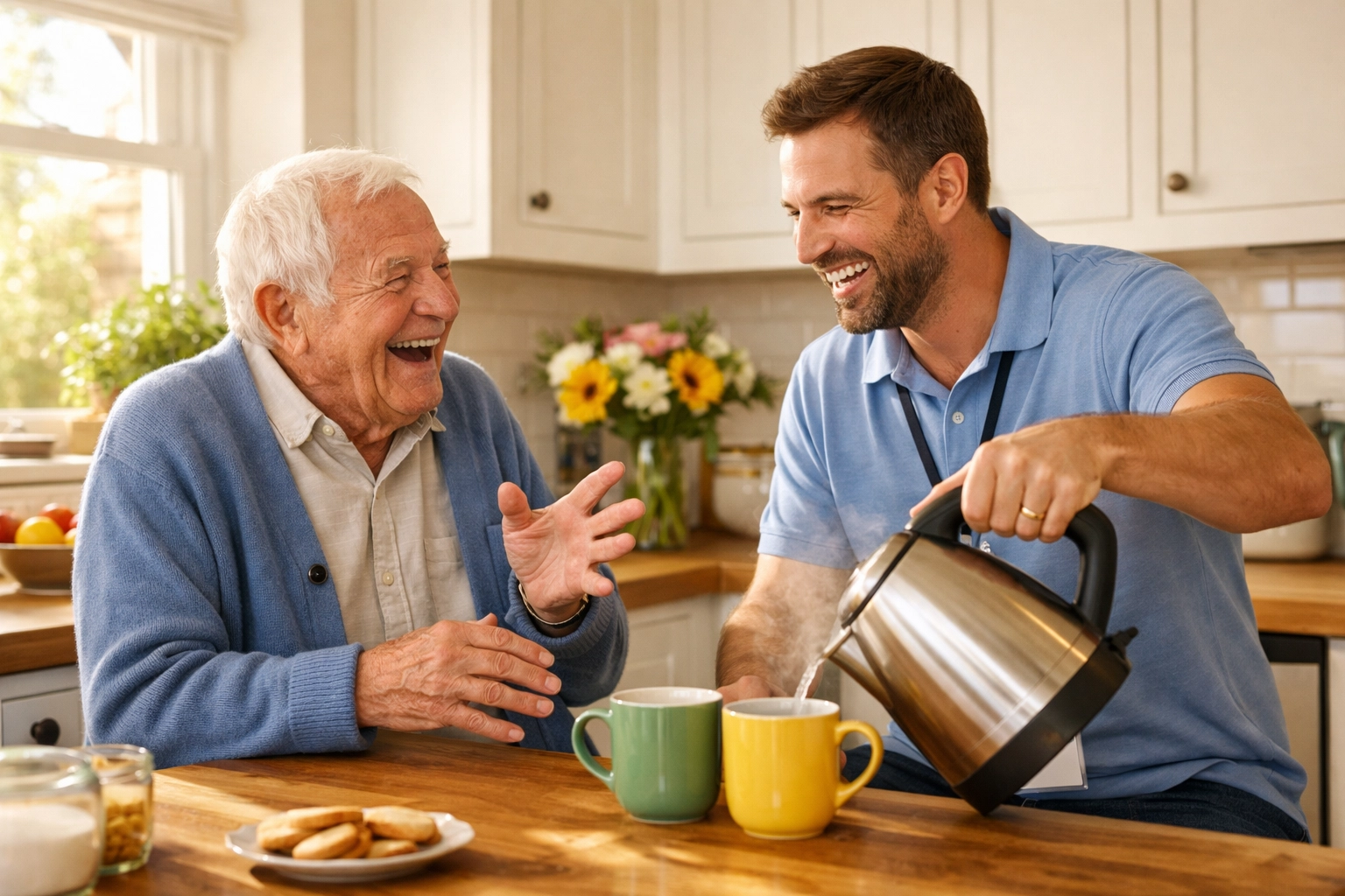 Senior receiving personalized companionship care at home in Southampton kitchen