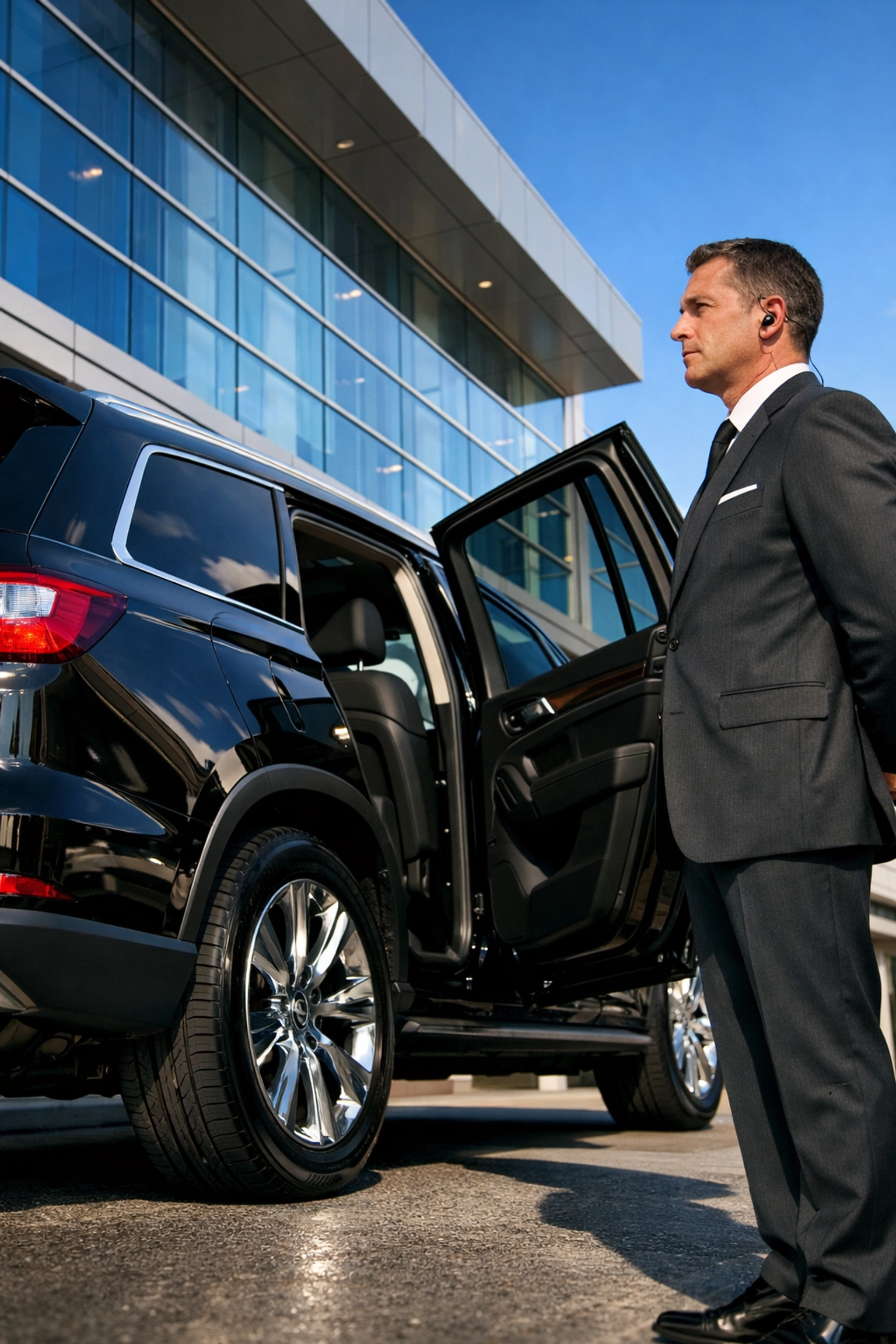 Professional chauffeur opening the door of a luxury SUV for executive Super Bowl ground transportation.