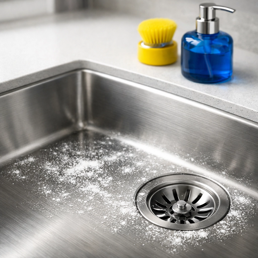 Flour sprinkled in a dry stainless steel sink for the Cleaning Ninjas polishing hack.