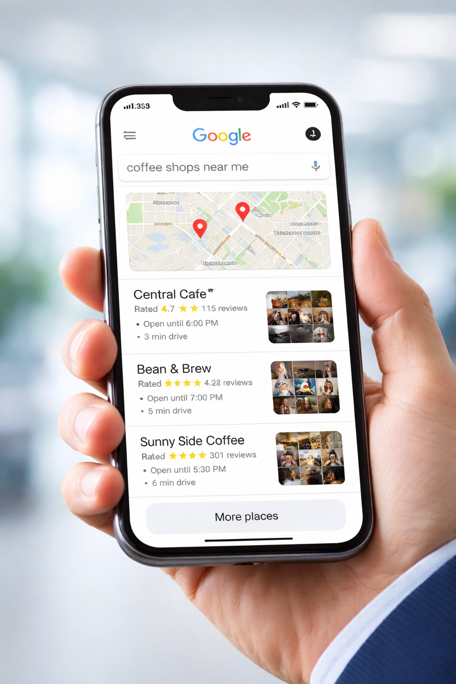 Smartphone displaying Google local map pack business listings, illustrating zero-click search results and local SEO. Smartphone displaying Google local map pack business listings, illustrating zero-click search results and local SEO.