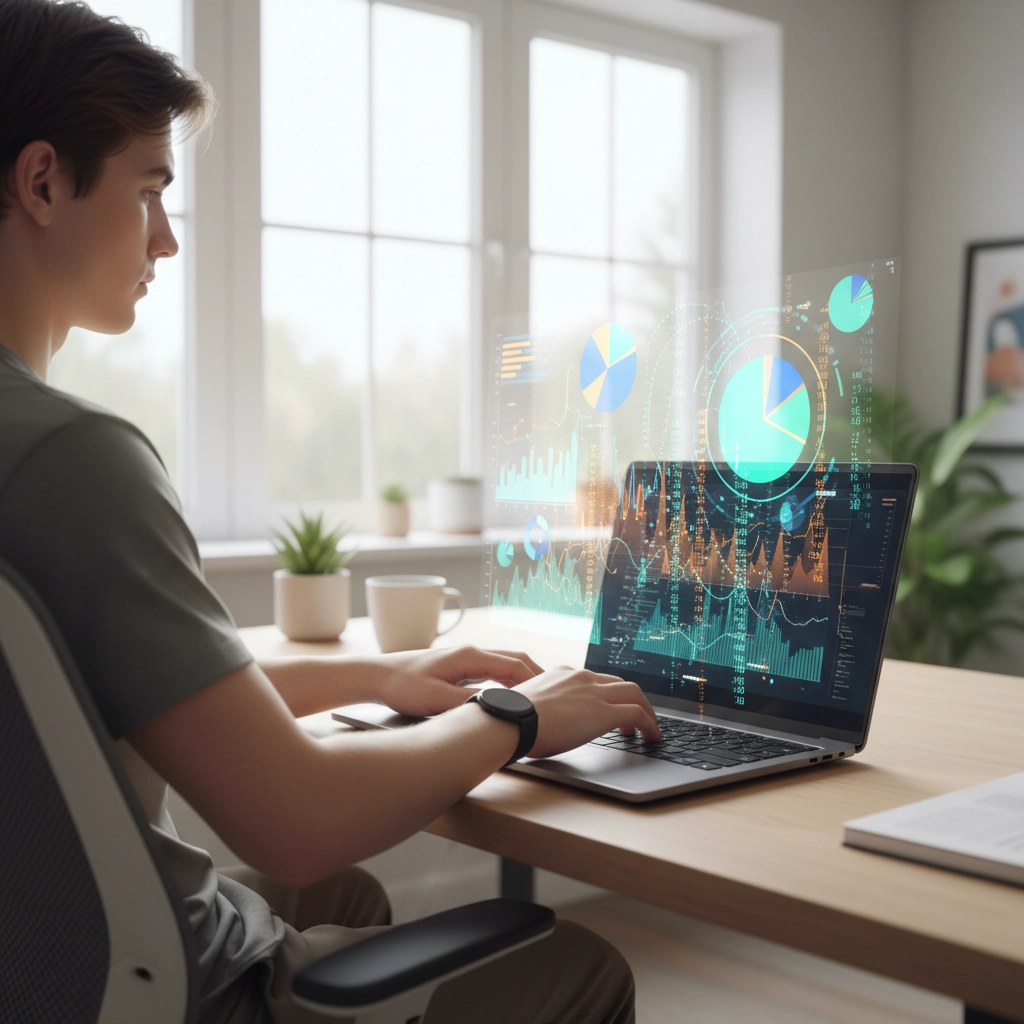 “Illustration of a young investor using a smartphone app, with floating icons representing AI, fintech, and dollar signs, symbolizing digital finance tools.”