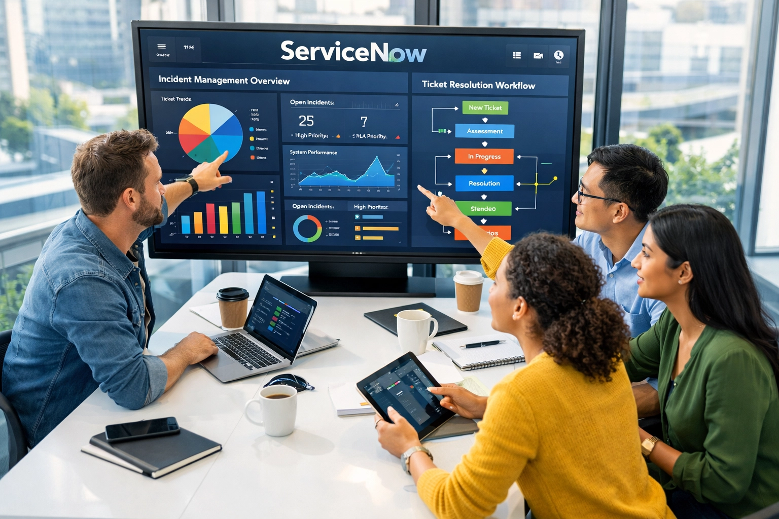 IT professionals collaborating on ServiceNow analytics dashboard with real-time workflow data
