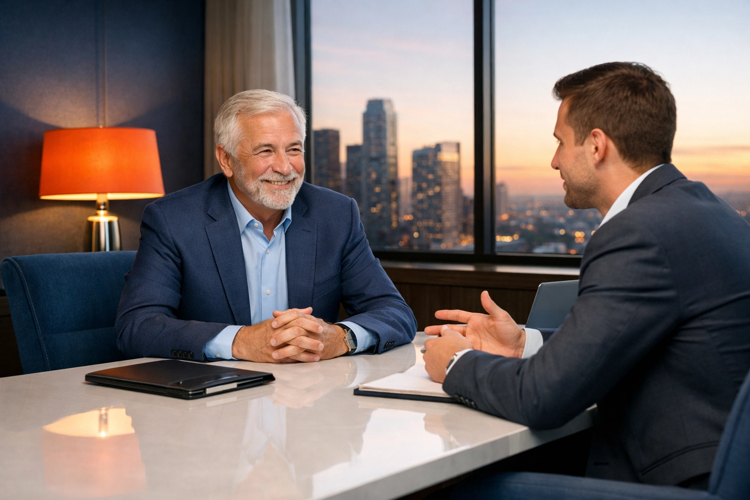 Business owner and advisor discussing exit planning and property management business valuation.