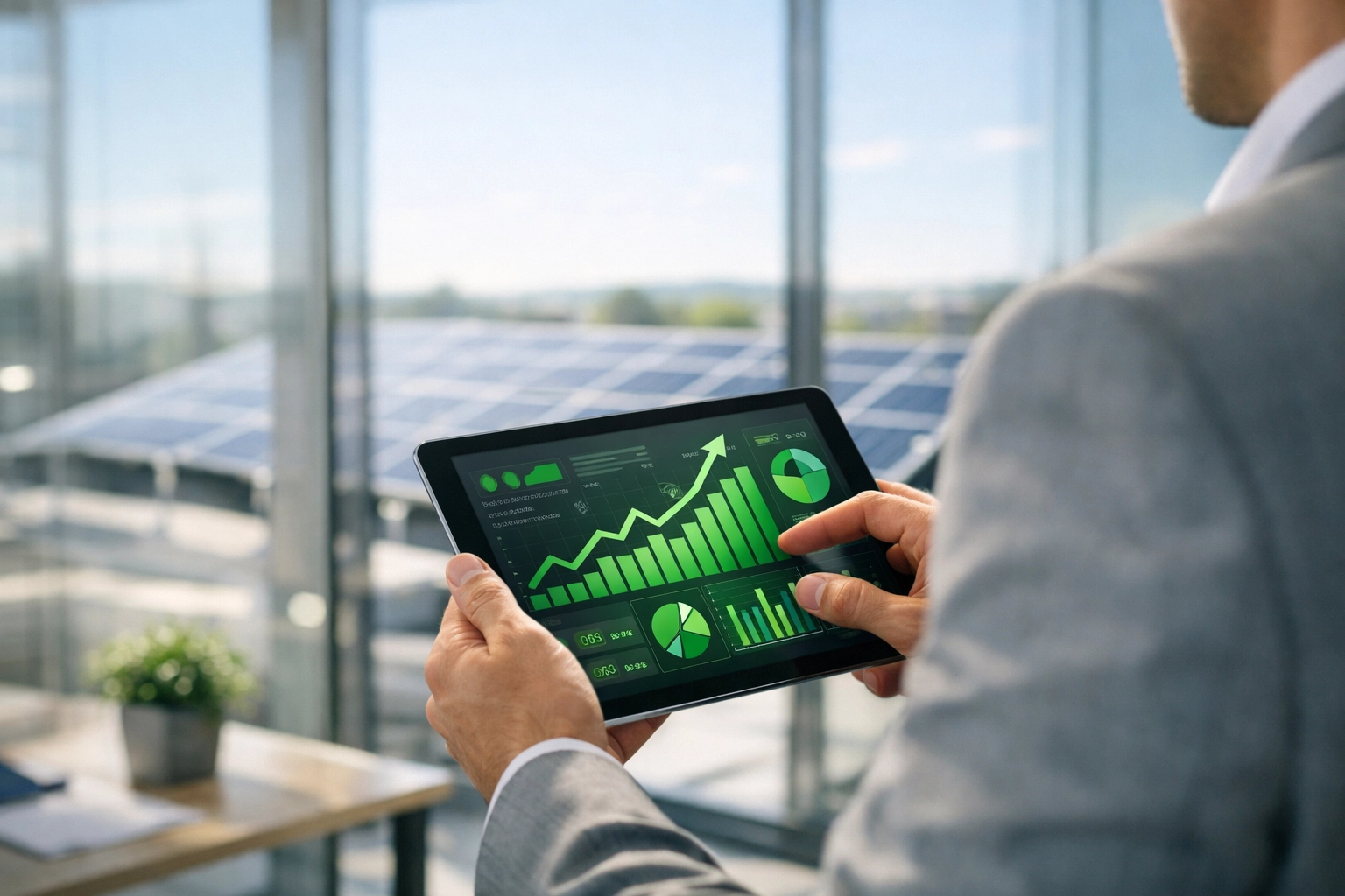 Professional tracking energy savings from business solar power using a tablet in a modern office.