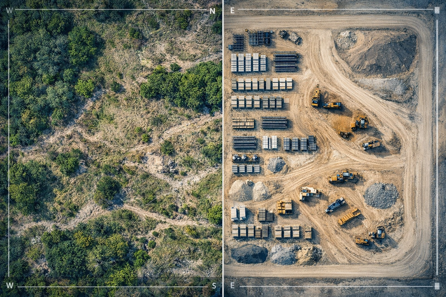 Before and after aerial comparison of construction site showing land development progress