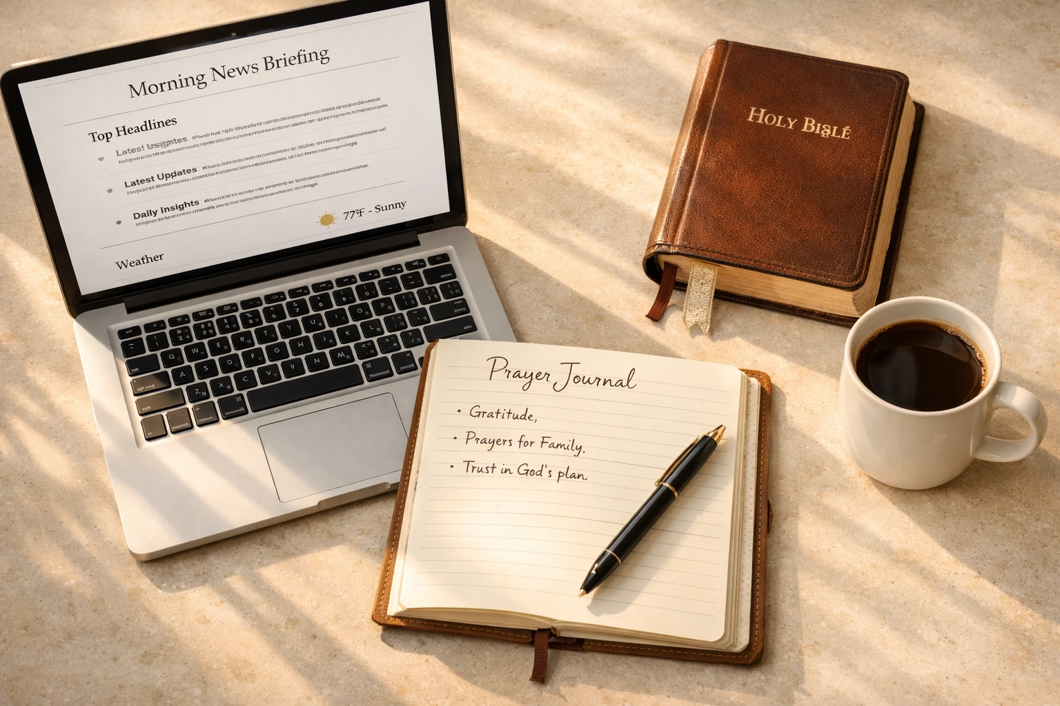 Morning routine with news briefing, prayer journal, and Bible on kitchen counter