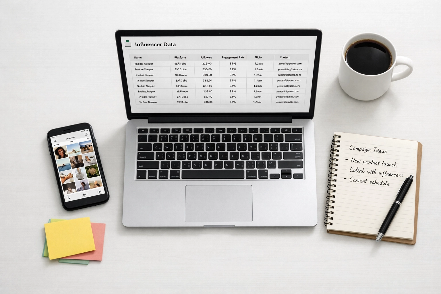 Simon Leung workspace with influencer research data spreadsheet and social media planning tools
