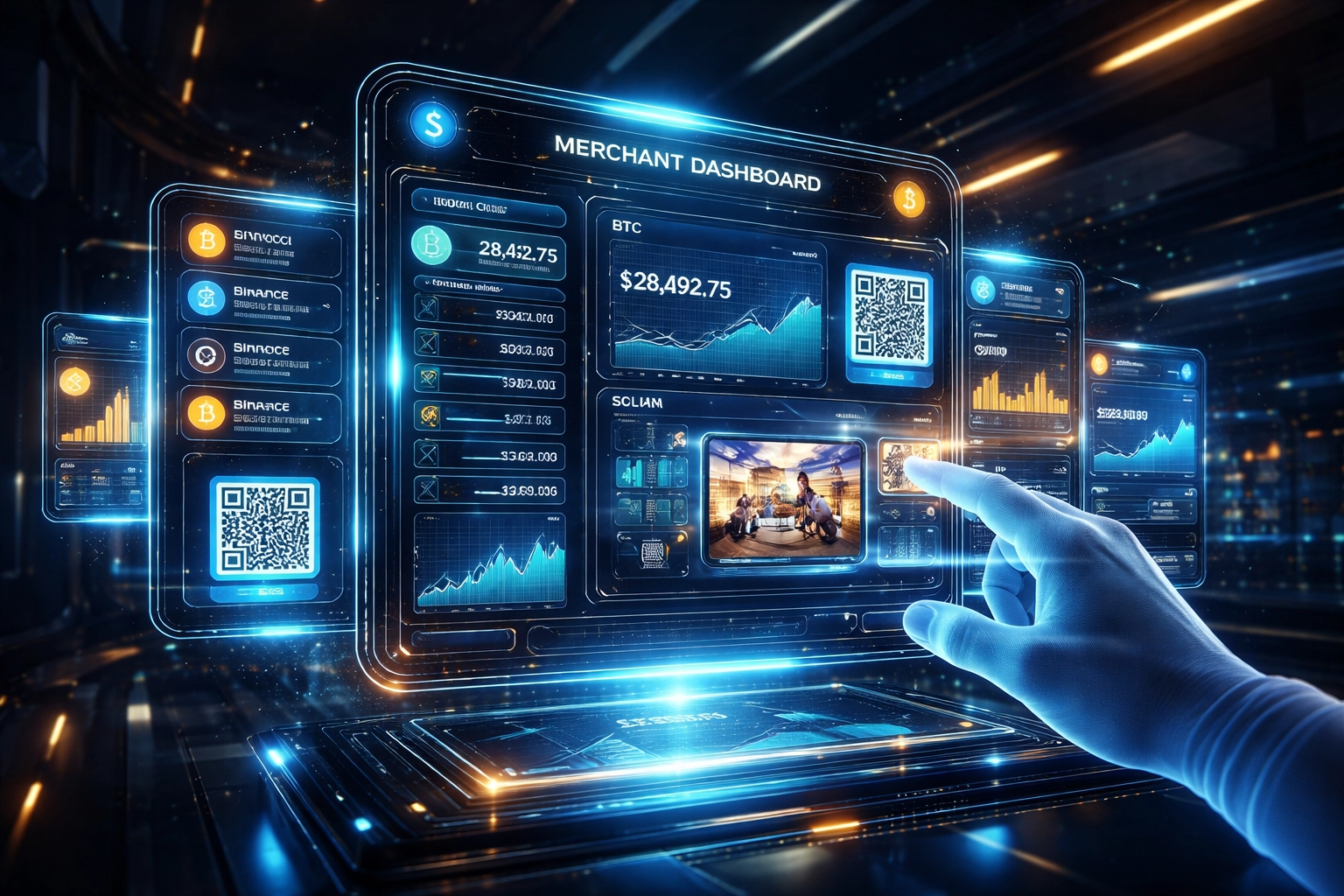 Virtual merchant payment dashboard with wallets, transaction charts, and QR codes for metaverse crypto payments