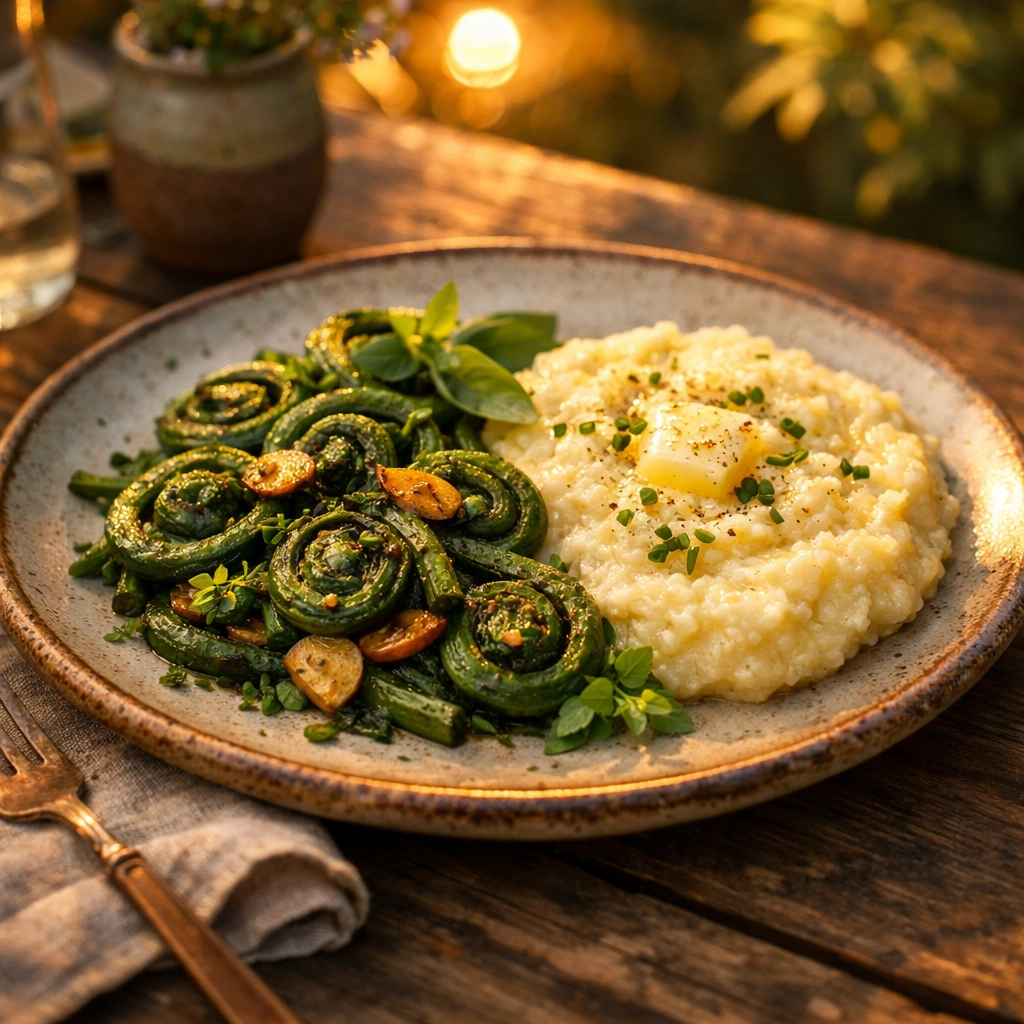 Sautéed fiddlehead ferns served over creamy Southern grits, highlighting local Pacific Northwest catering.