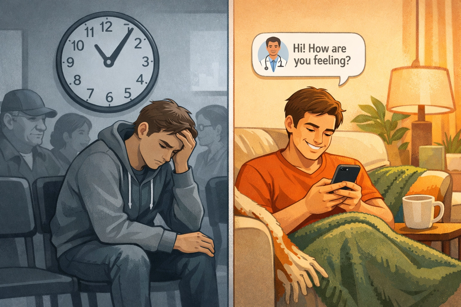 Comparison of traditional doctor waiting room versus convenient home-based online medical consultation