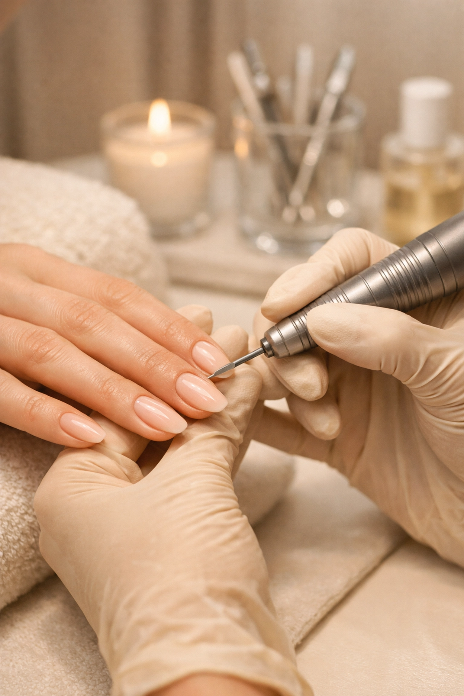 Professional Russian manicure cuticle work with precision e-file tool in Westwood studio