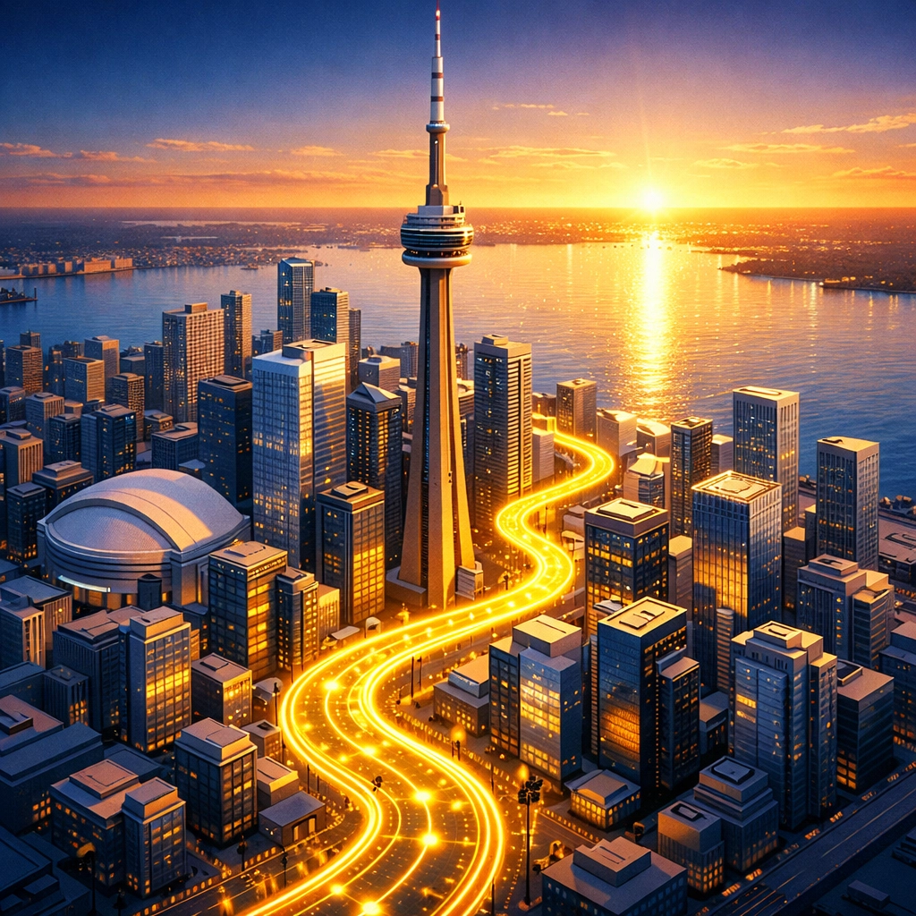 A digital growth path leading through the Toronto skyline and CN Tower representing local SEO success.