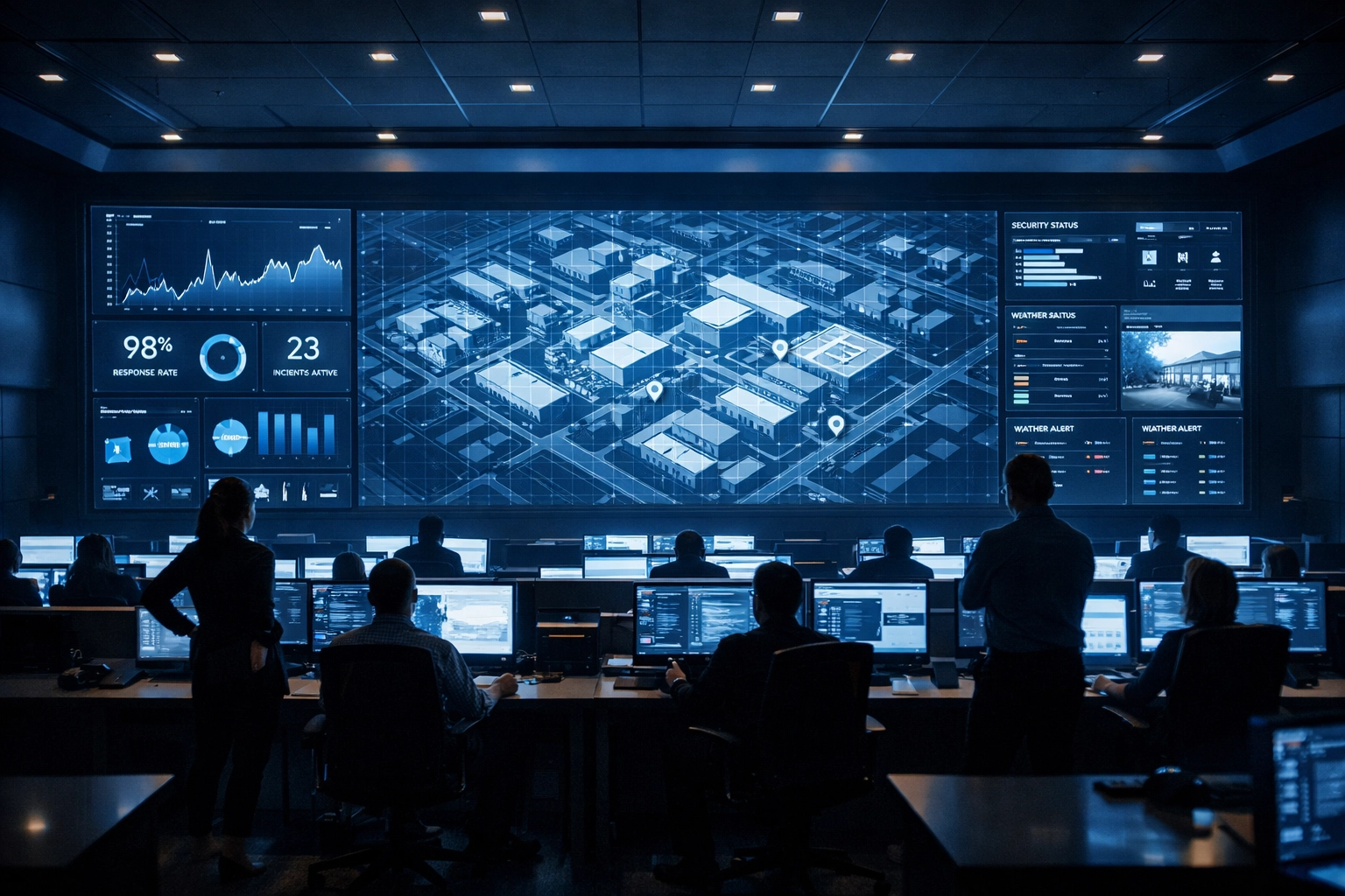 Administrators in a modern emergency operations center managing campus response protocols.