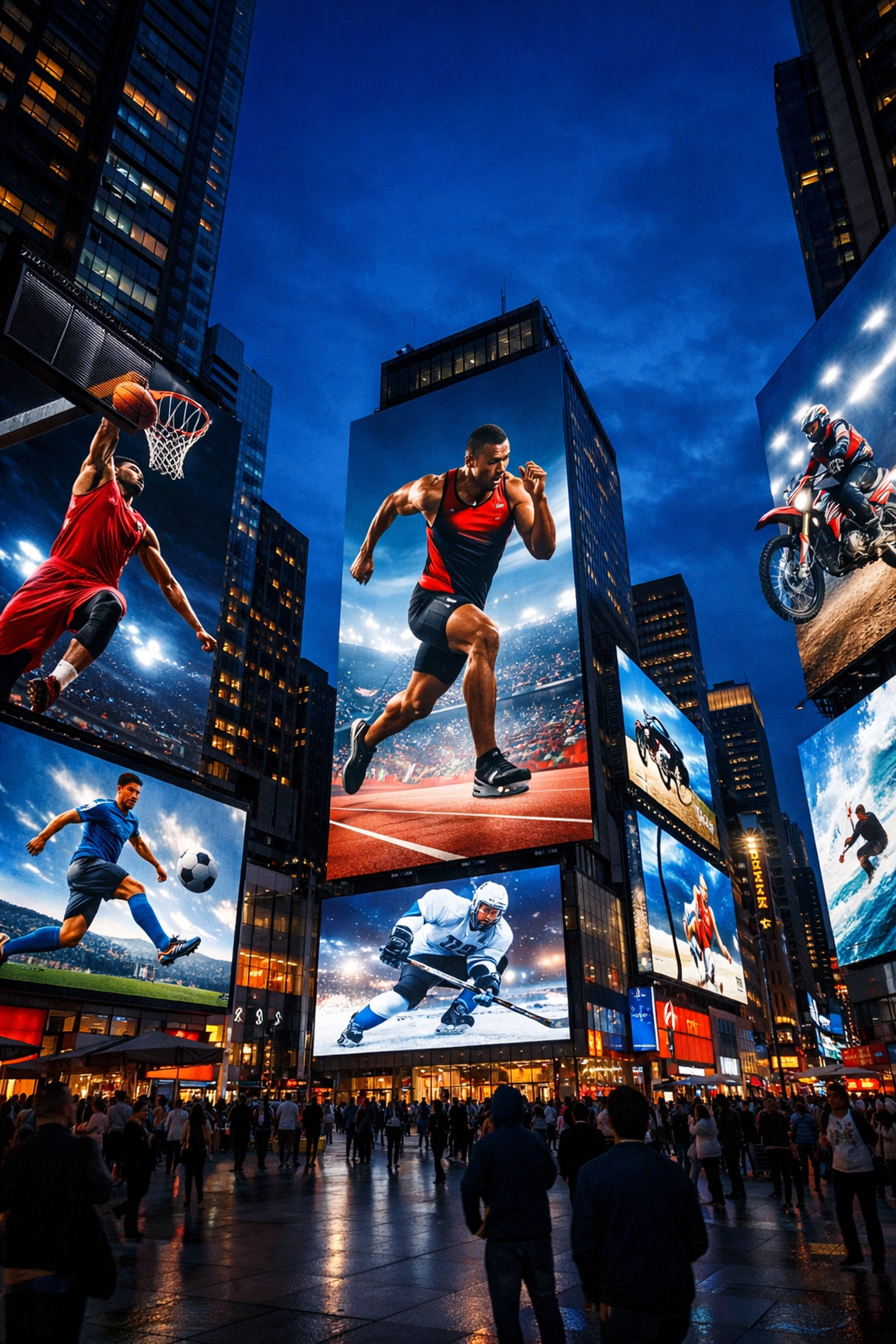 Synchronized digital billboards in a city plaza displaying action sports for maximum brand reach