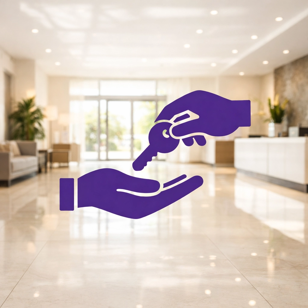 Modern apartment lobby in Essex with a key icon representing a professional property management handover process.