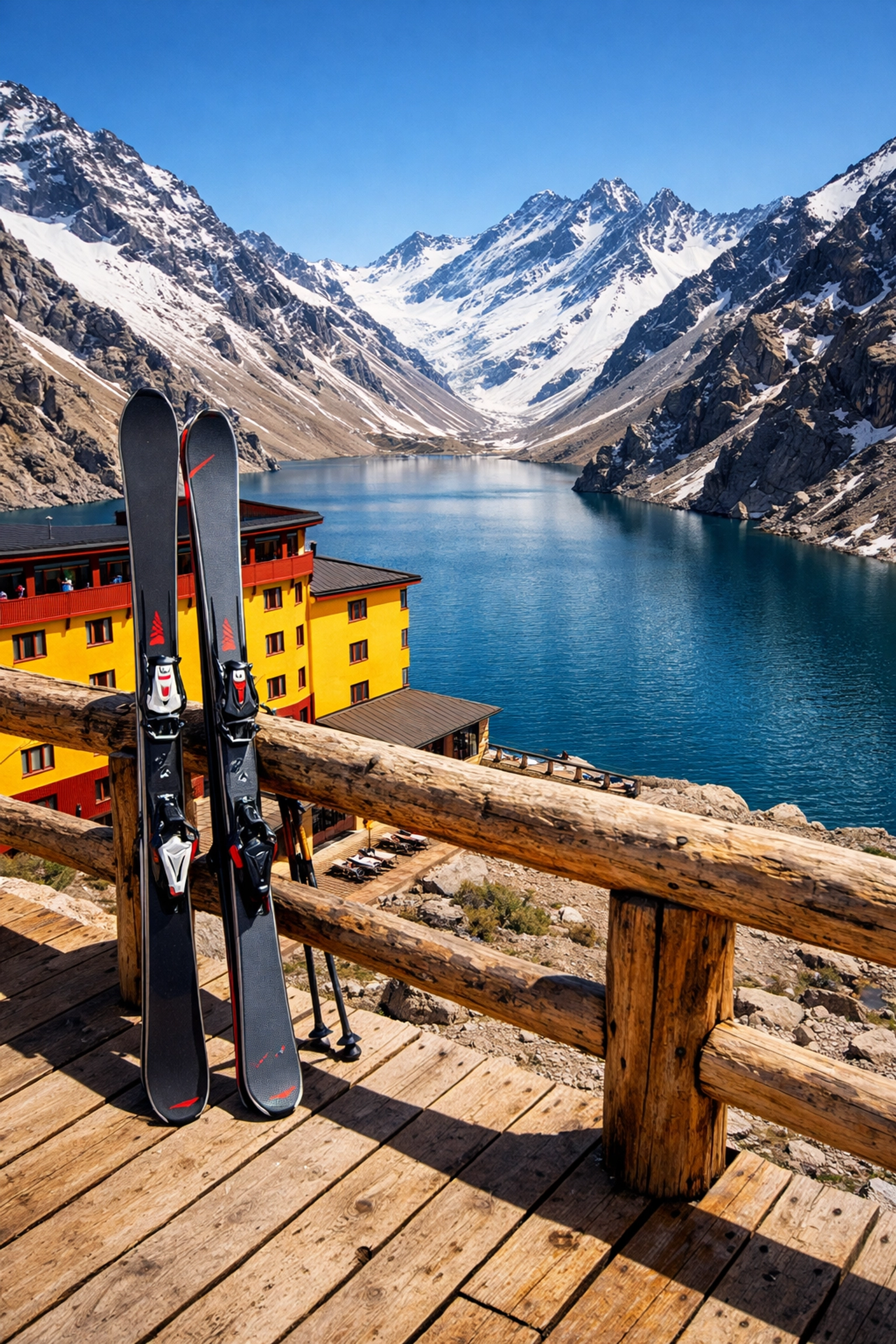 Luxury skis on a terrace overlooking the Andes mountains and Laguna del Inca in Chile.