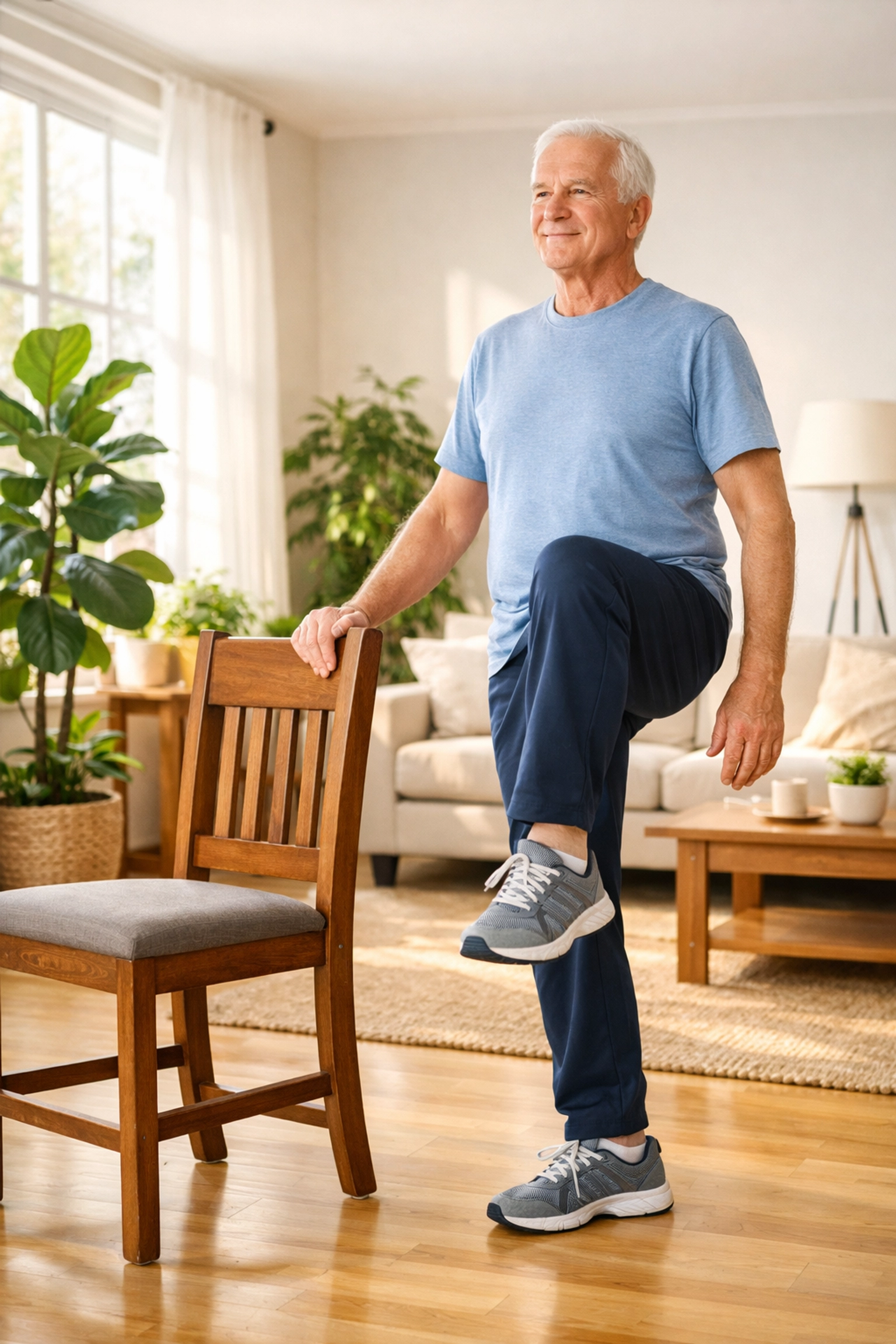 Senior man performing balance exercises using a chair for support in a bright, safe living room.