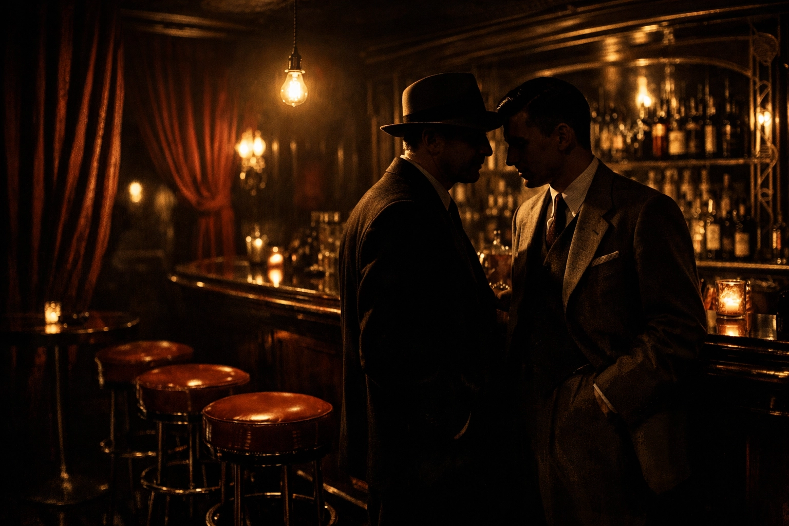 1950s New York underground gay bar with two men in shadows during police raid era