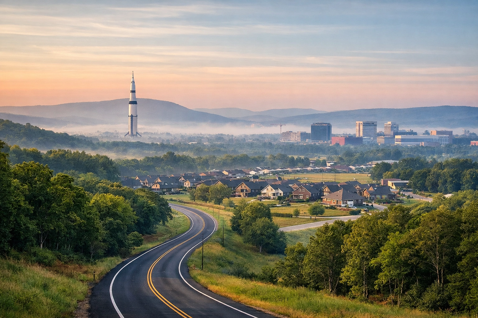 Skyline view of the best neighborhoods in Huntsville AL featuring the Rocket City landscape.
