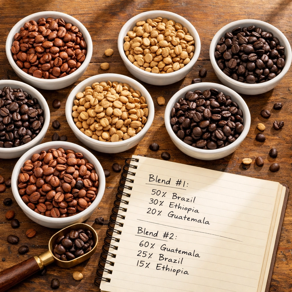 Coffee beans from multiple origins in bowls on roaster's blending table