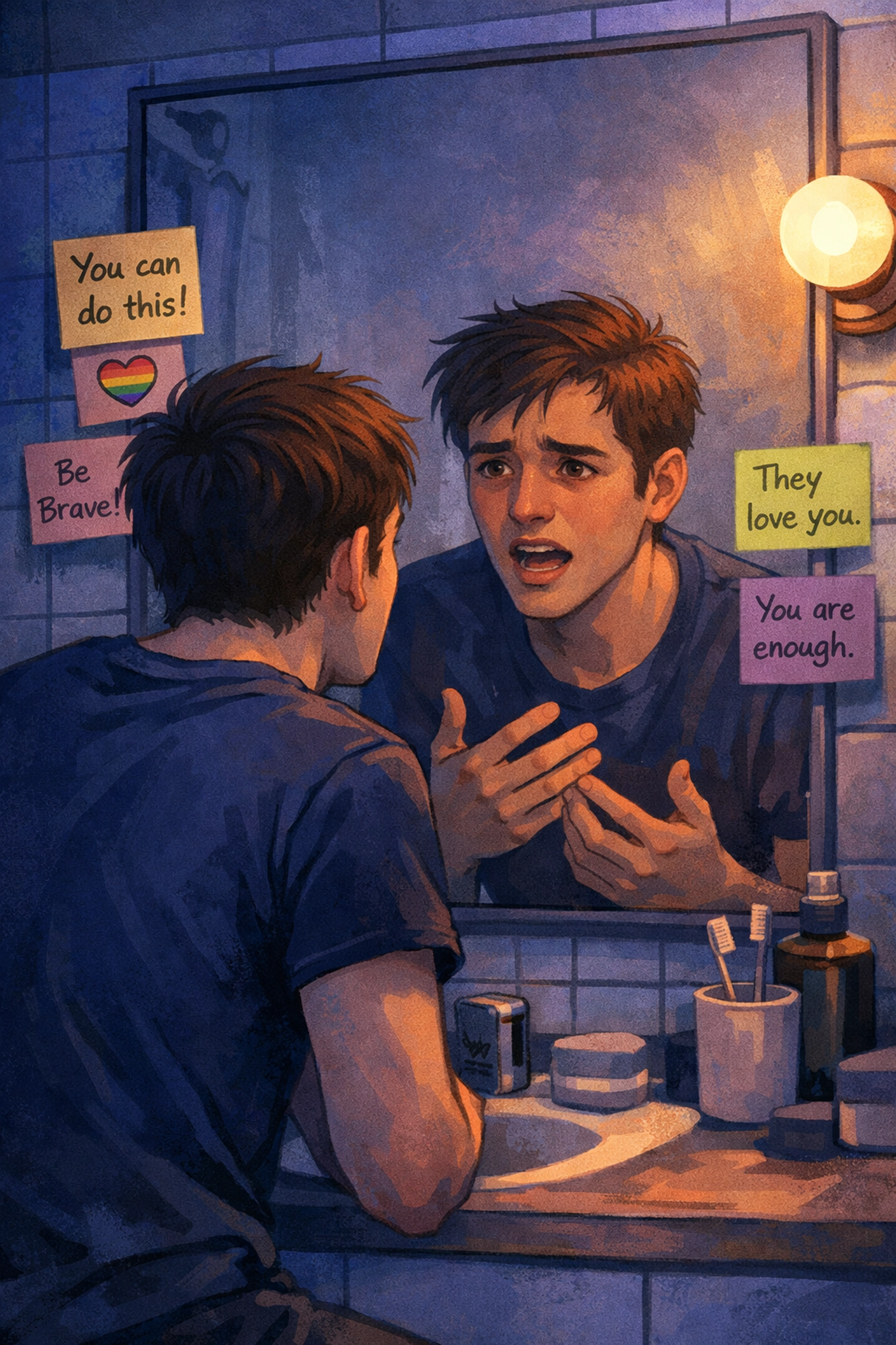 Young gay man practicing coming out speech in bathroom mirror
