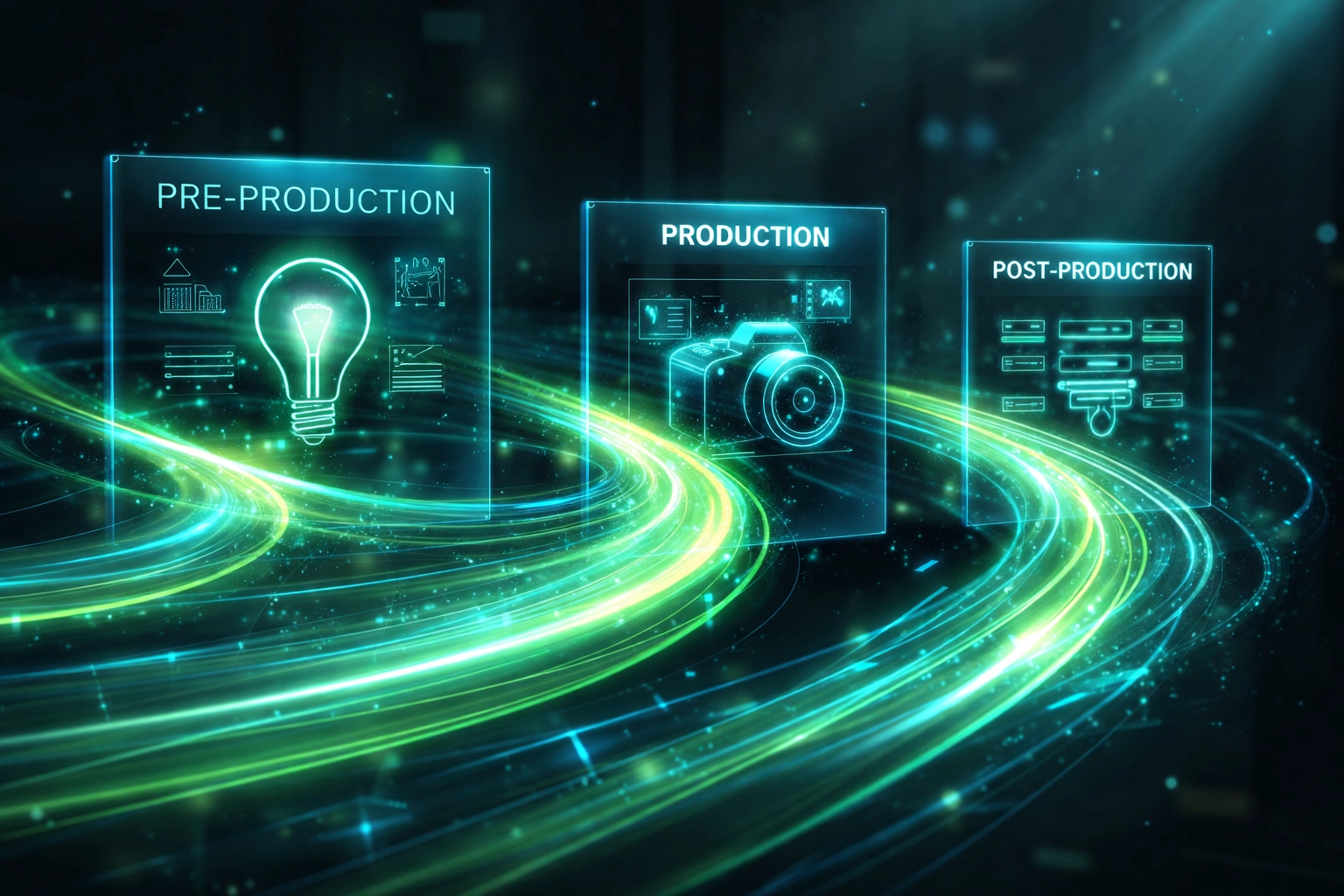 Glowing green data streams connecting pre-production, production, and post-production icons, illustrating integrated AI video workflow