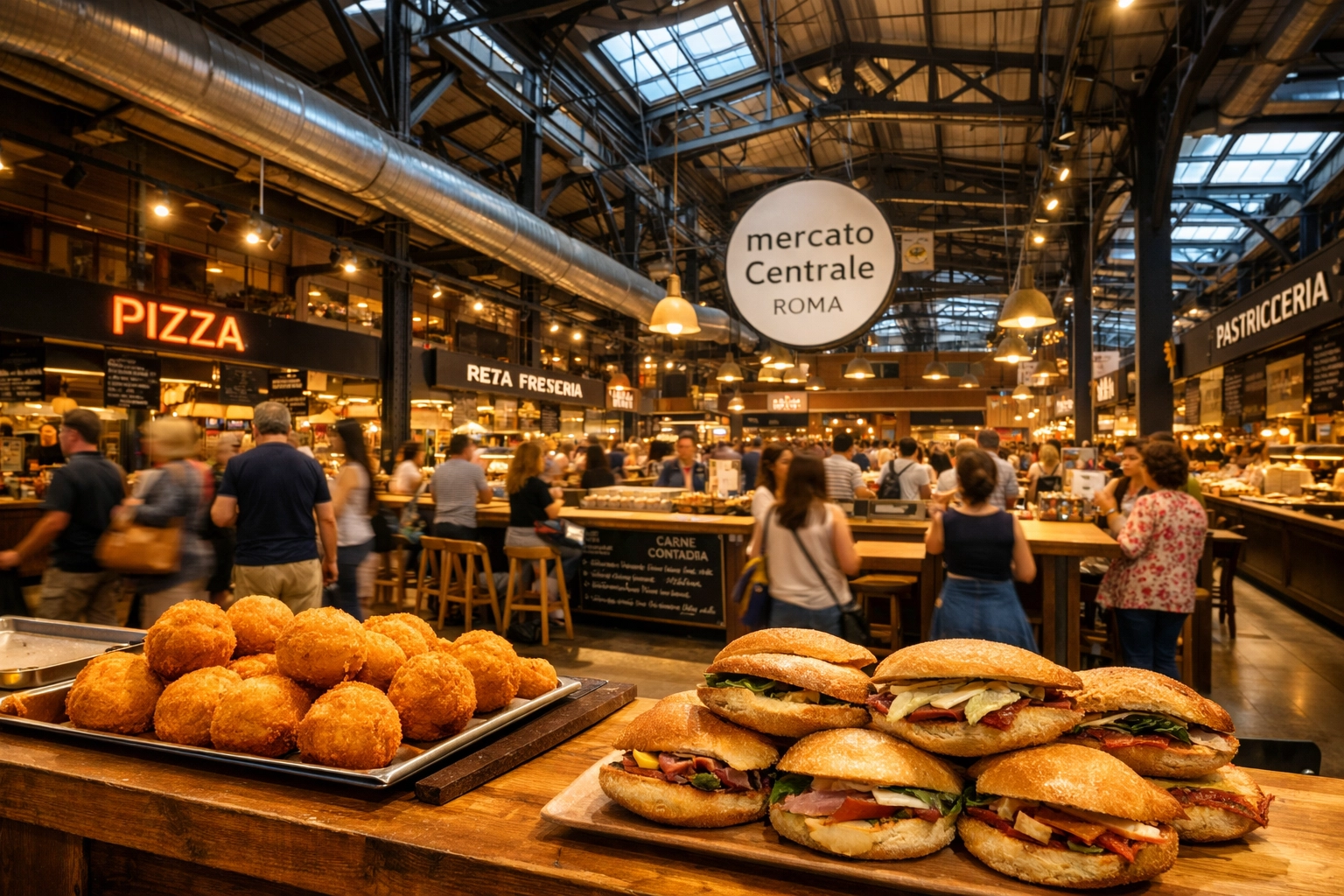 Food stalls at Mercato Centrale Roma, a top spot for budget travel food and quick eats in Rome.