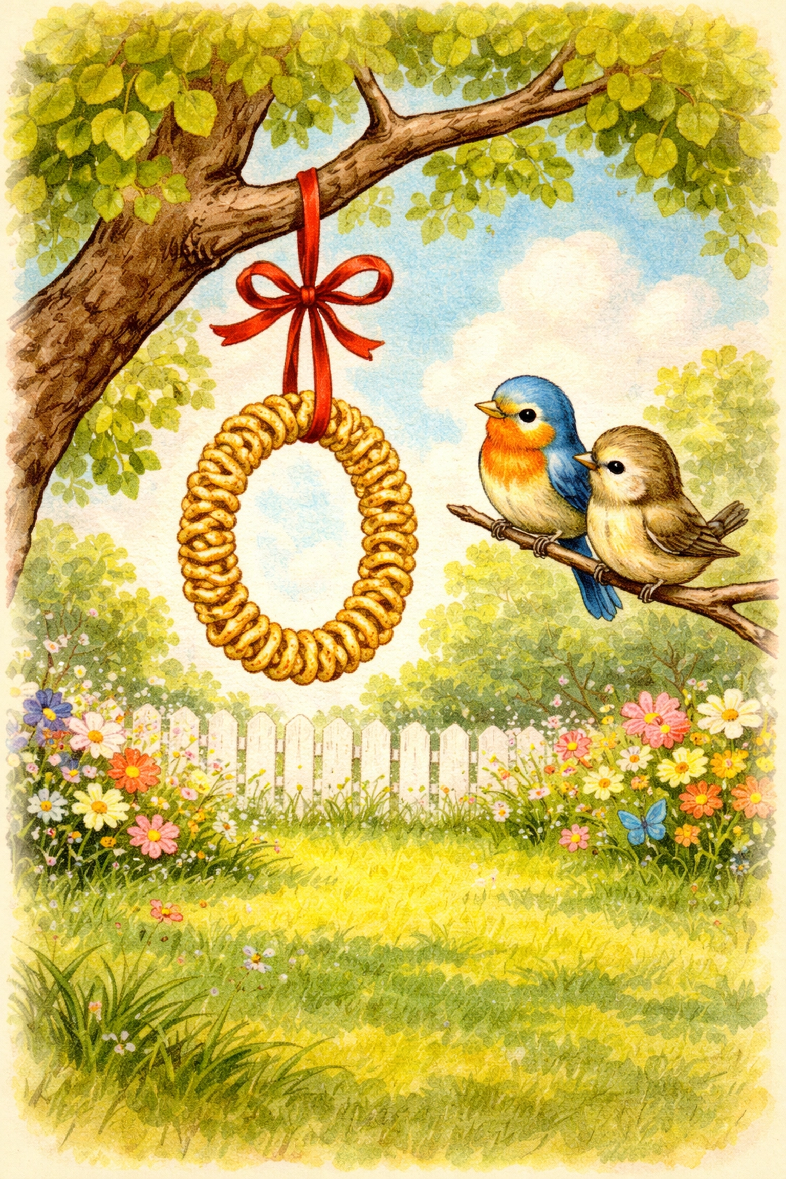 A homemade cereal bird feeder hanging from a tree branch as two birds approach in a cheerful backyard scene