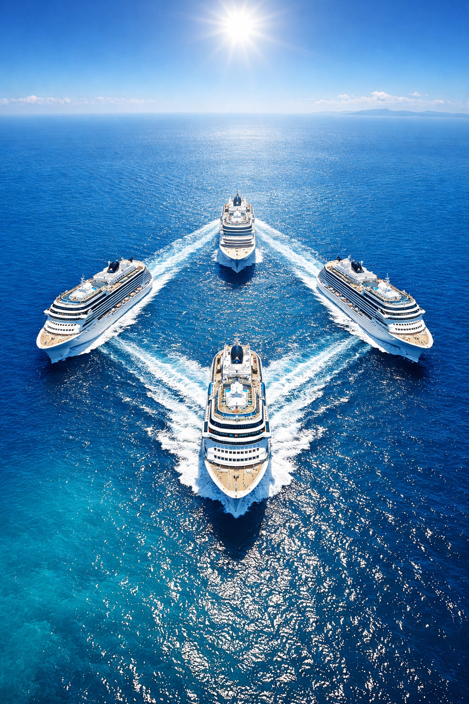 Four Virgin Voyages cruise ships sailing in formation for the historic fleet reunion event.