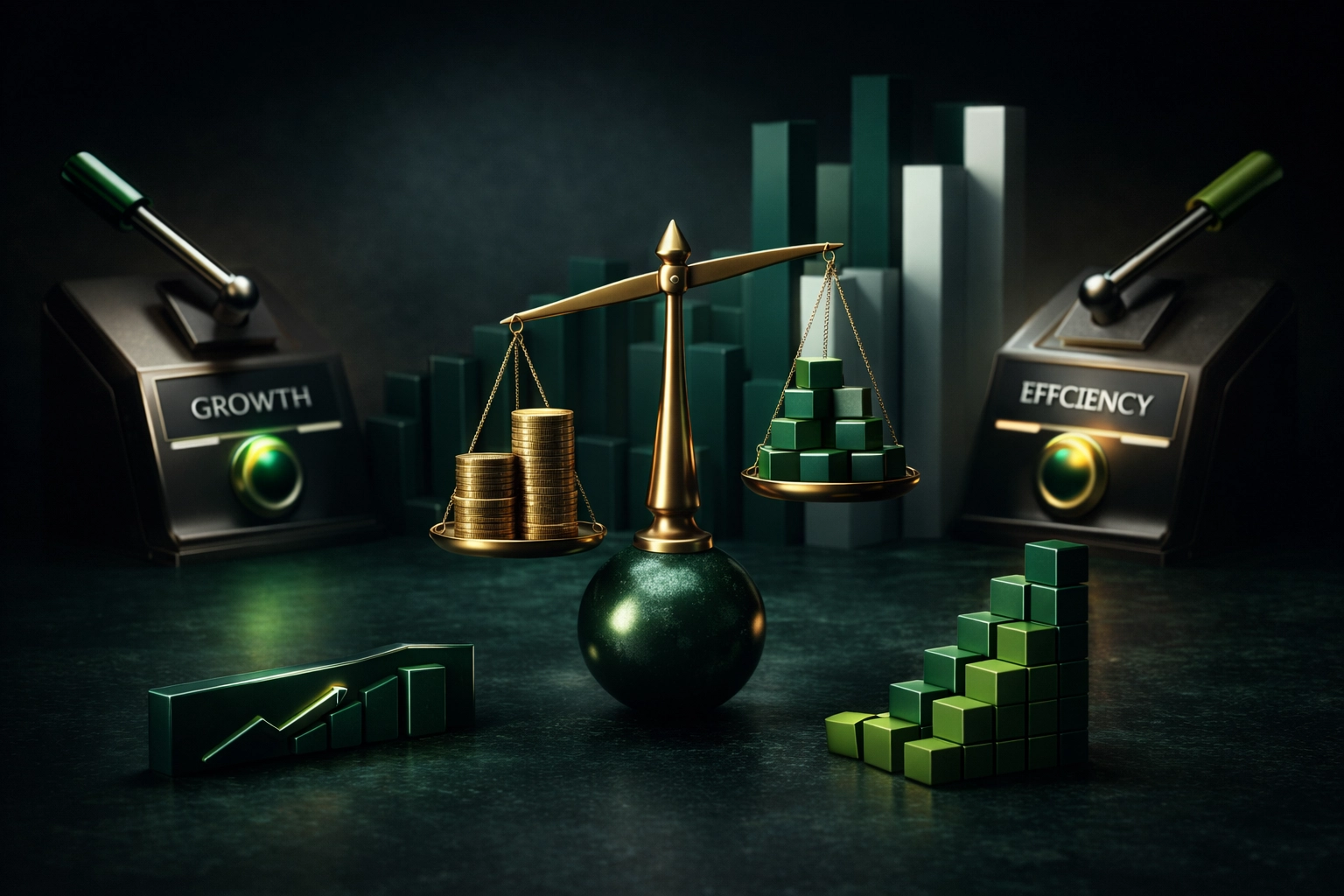 Capital Allocation for Value: Prioritizing Growth vs. Efficiency Cinematic conceptual hero image representing strategic capital allocation through balanced growth and efficiency levers in an emerald green executive visual.