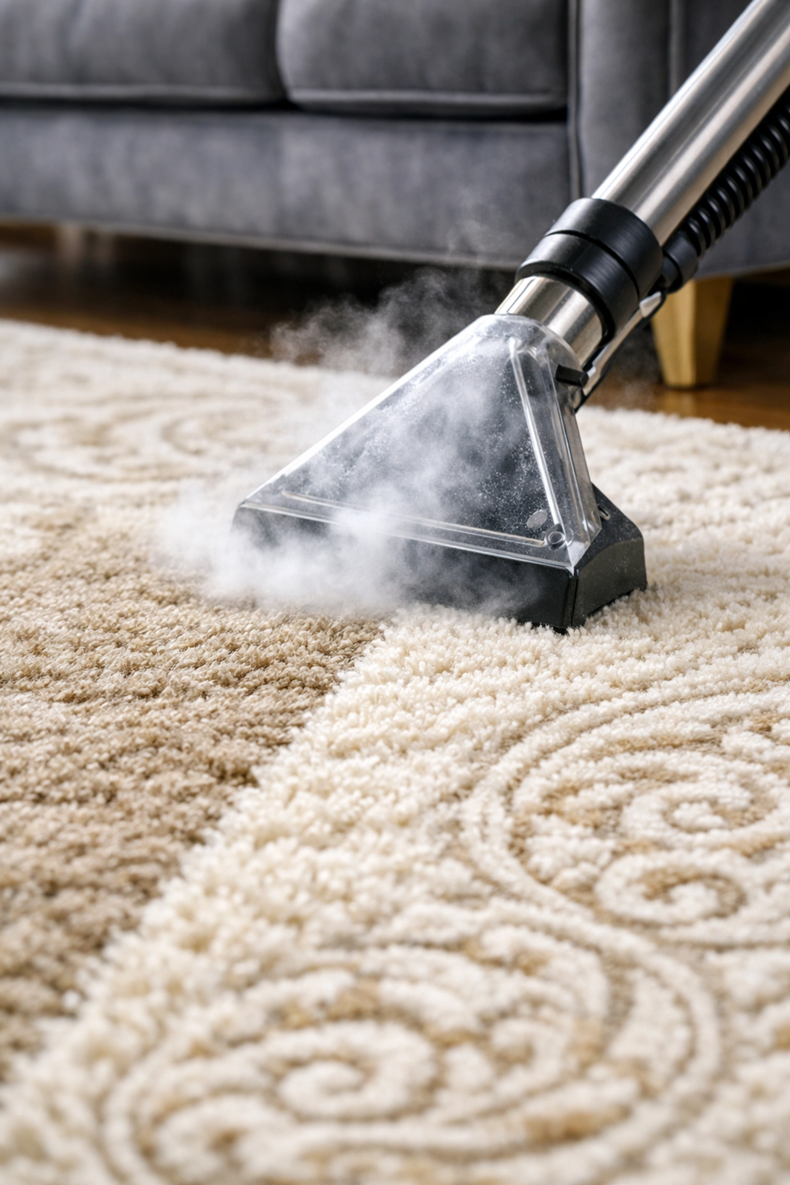Deep steam carpet cleaning removes dirt and allergens from a luxury area rug in a Westchester home.