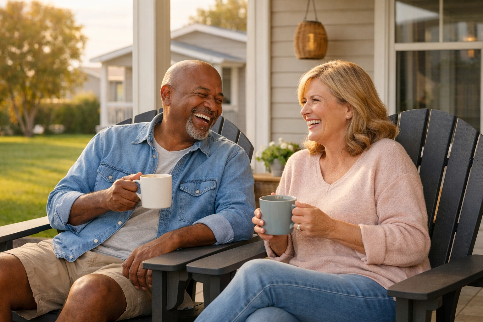 Relaxing on the porch of an affordable manufactured home in a peaceful Texas community.
