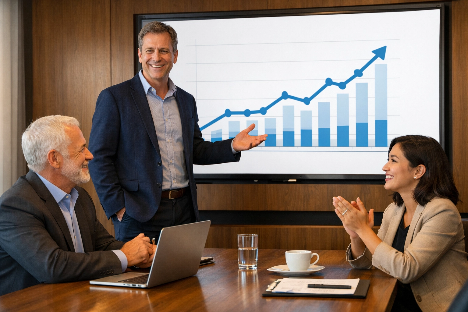 Company leaders reviewing ROI growth driven by a ServiceNow implementation expert.