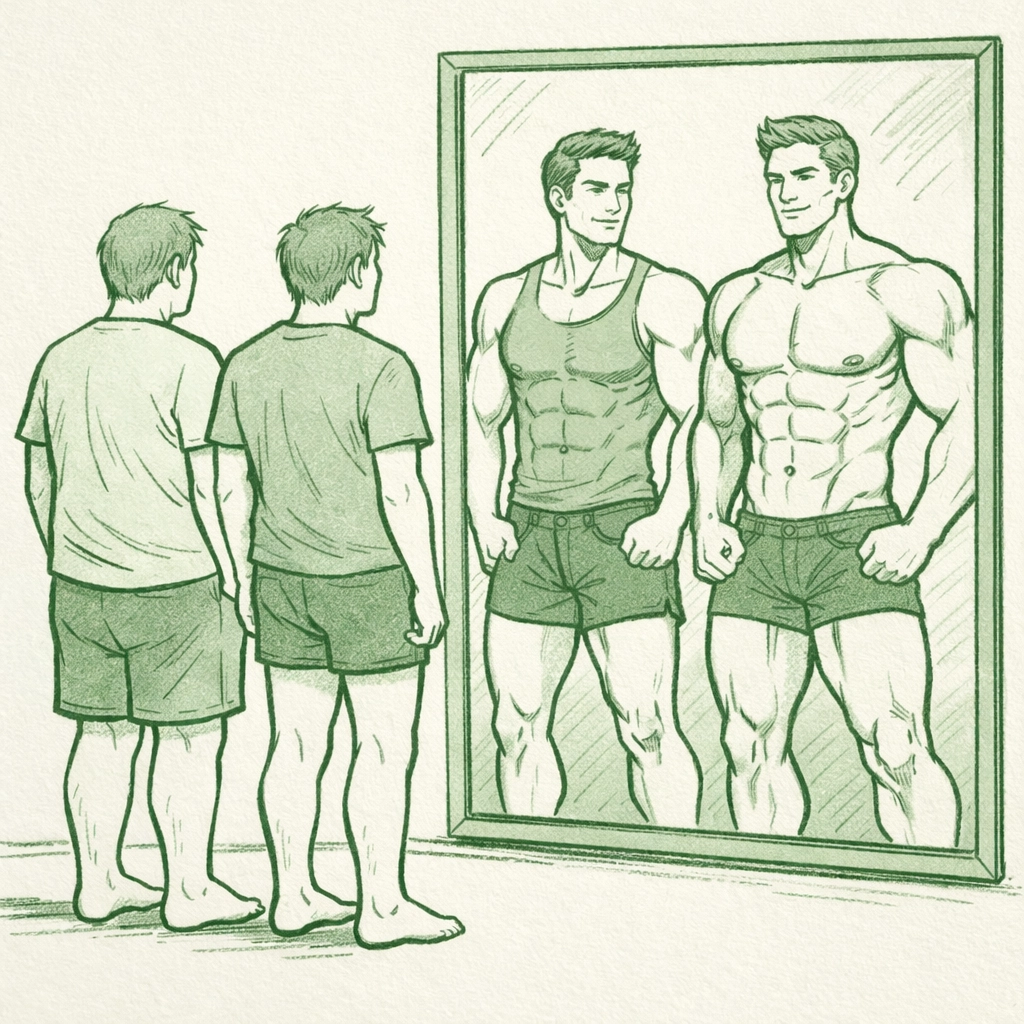 Two gay men viewing distorted mirror reflections showing unrealistic body image standards