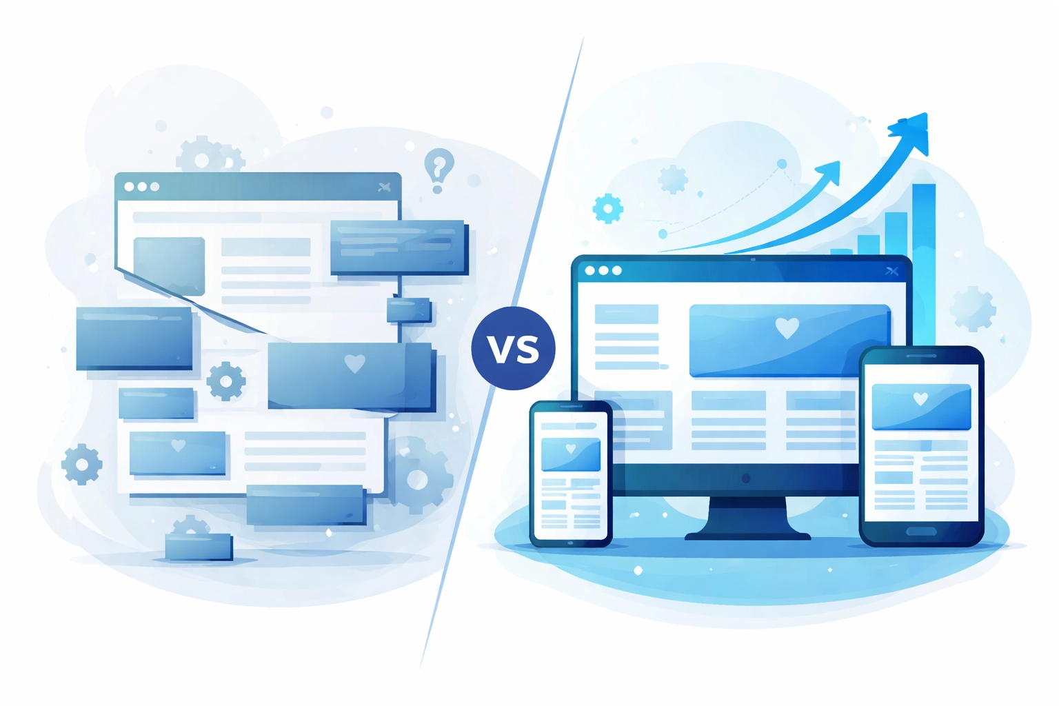 Comparison showing outdated website versus modern mobile-friendly design with upward trend arrow