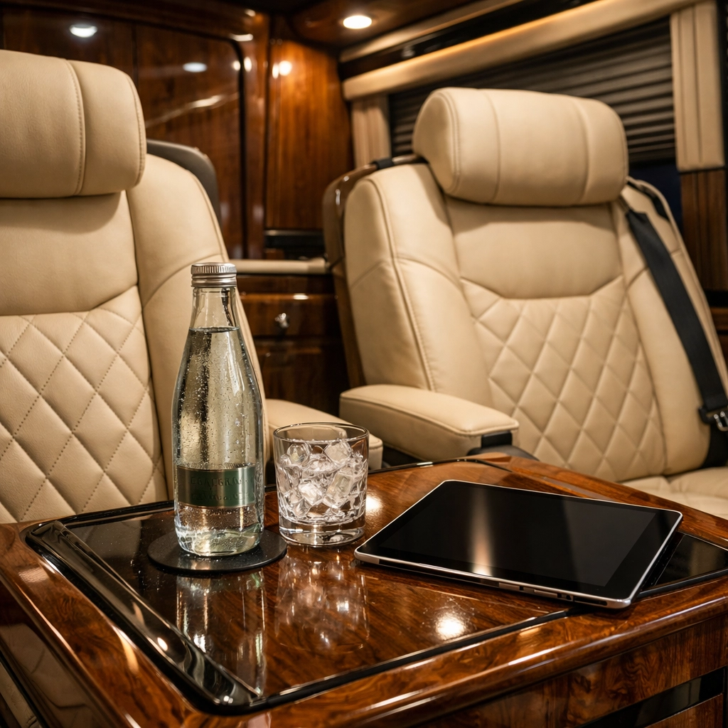 Interior of a luxury executive sprinter van with leather seating for high-end corporate travel.