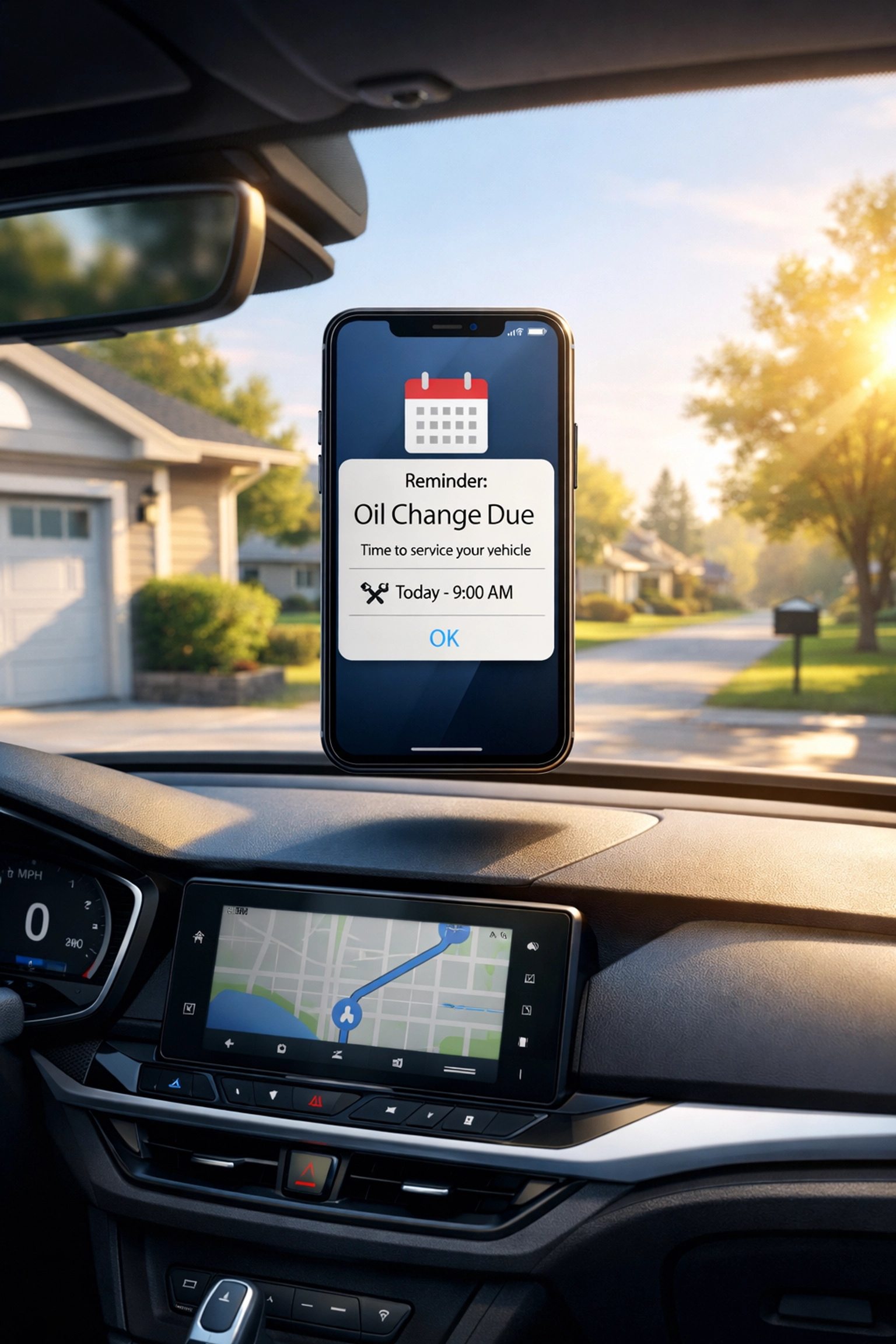 Oil change reminder notification on smartphone for car maintenance scheduling
