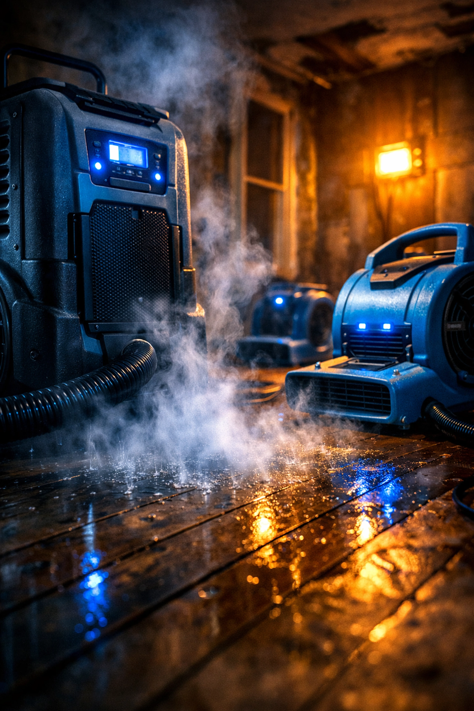 Industrial dehumidifiers and air movers used for professional water damage restoration
