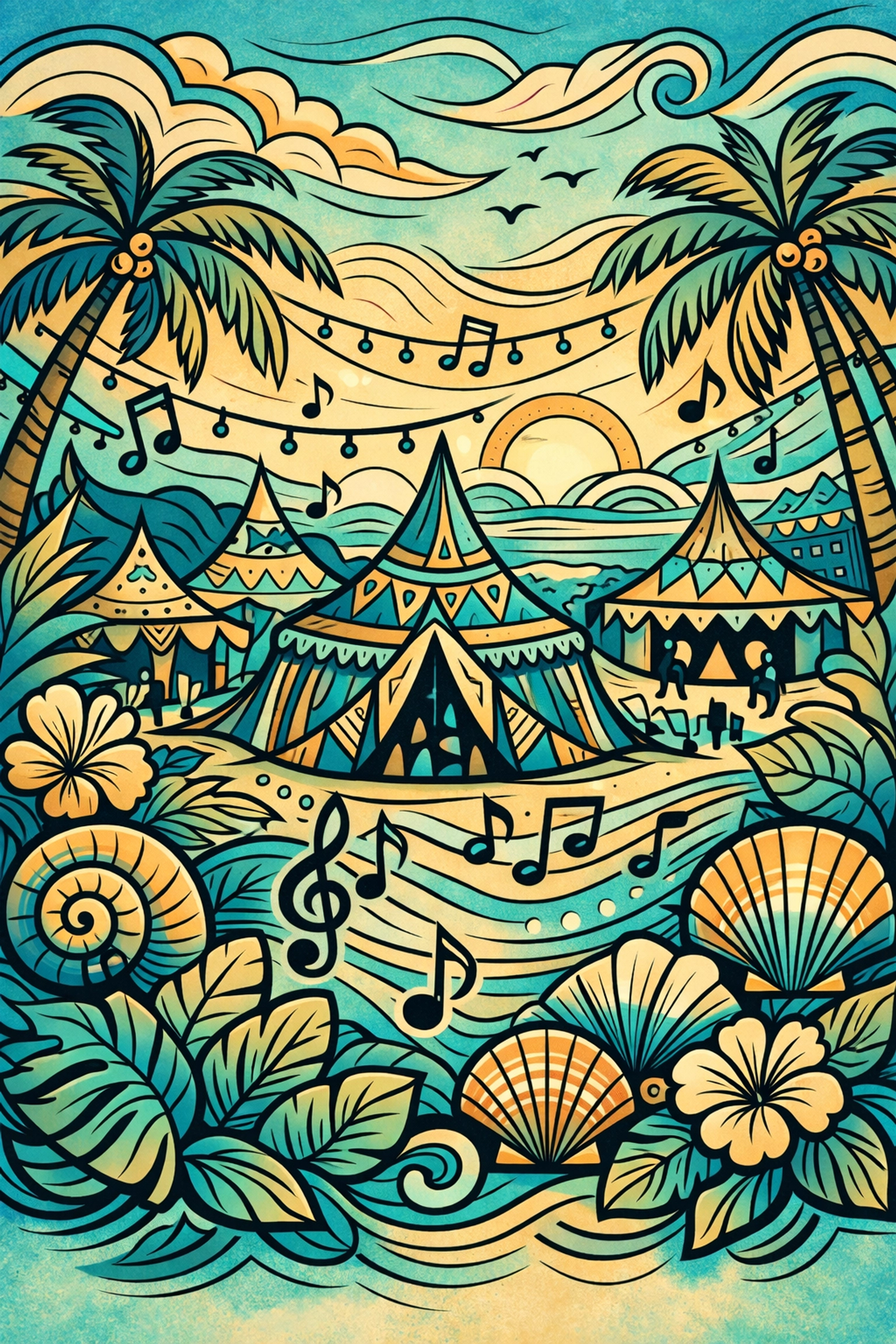 Tropical festival landscape at Talofa Fest 2026 with palm trees and decorated vendor tents.